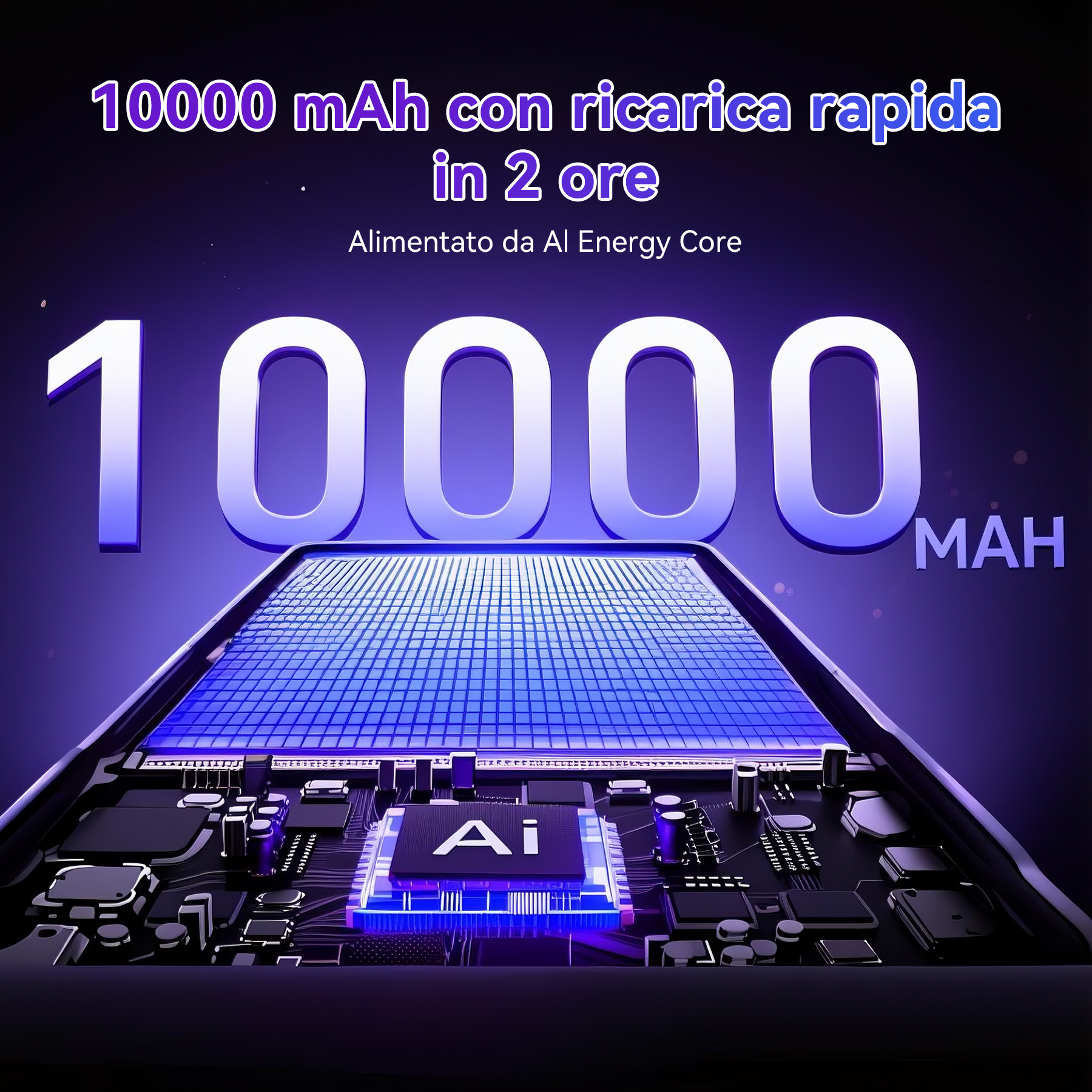 L'immagine mostra un circuito stampato con il testo 10000 mAh e IA. Evidenzia la ricarica rapida in 2 ore.