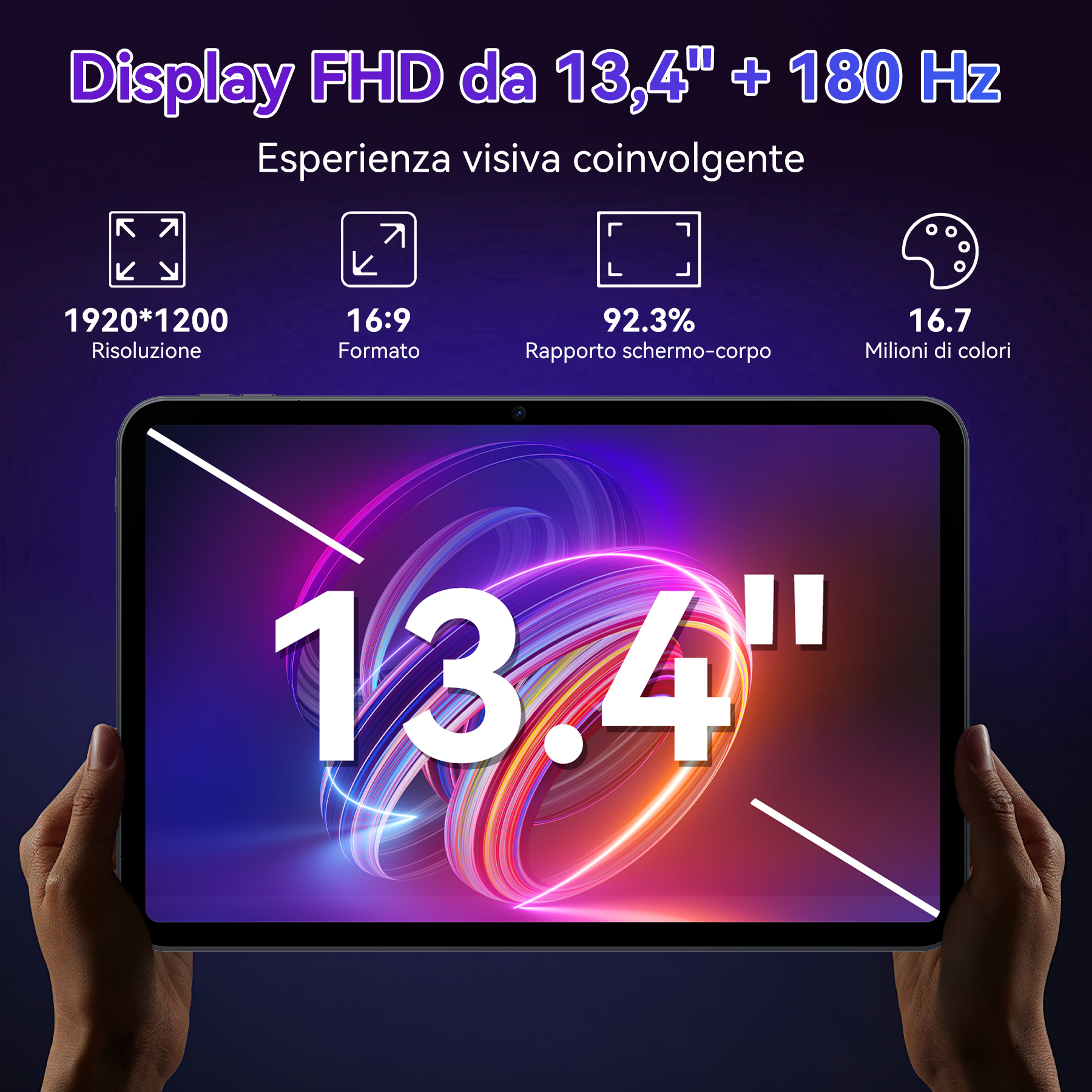 Un tablet con display da 13,4" è tenuto in mano. Specifiche: risoluzione, rapporto d'aspetto e dettagli colore.