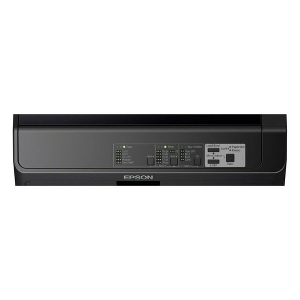 Zbliżenie czarnej drukarki Epson. Widoczne są przyciski i światła. Obecne jest logo Epson.