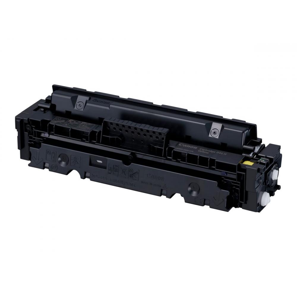 Een Canon tonercartridge, zwart plastic, met diverse labels en markeringen. Op een witte achtergrond.