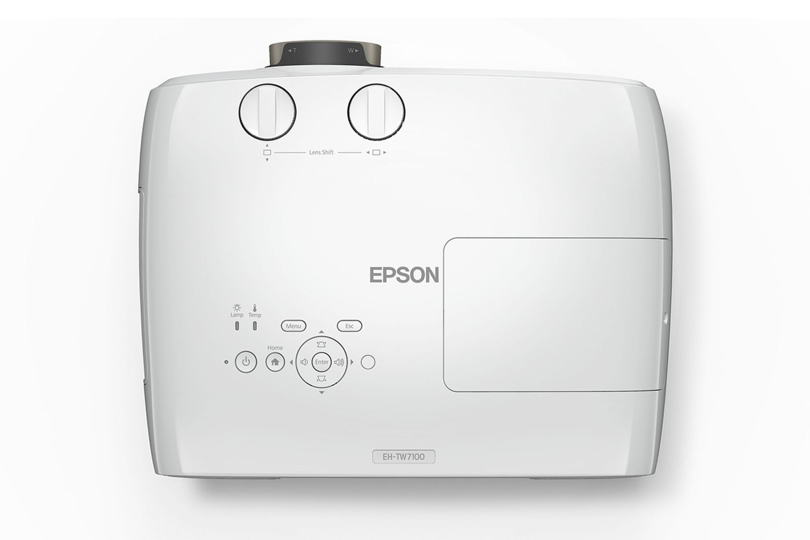 Biały projektor Epson EH-TW7100. Posiada przyciski sterowania, elementy sterowania przesunięciem obiektywu i logo Epson. Tło jest białe.