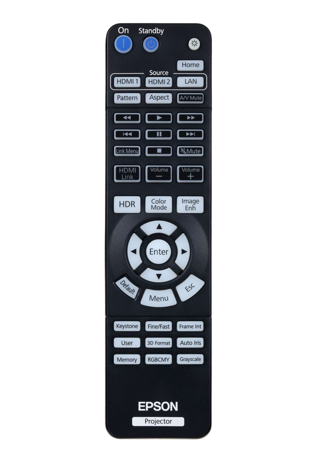 Czarny pilot do projektora Epson. Przyciski: zasilanie, HDMI, głośność, menu i elementy sterowania nawigacją.