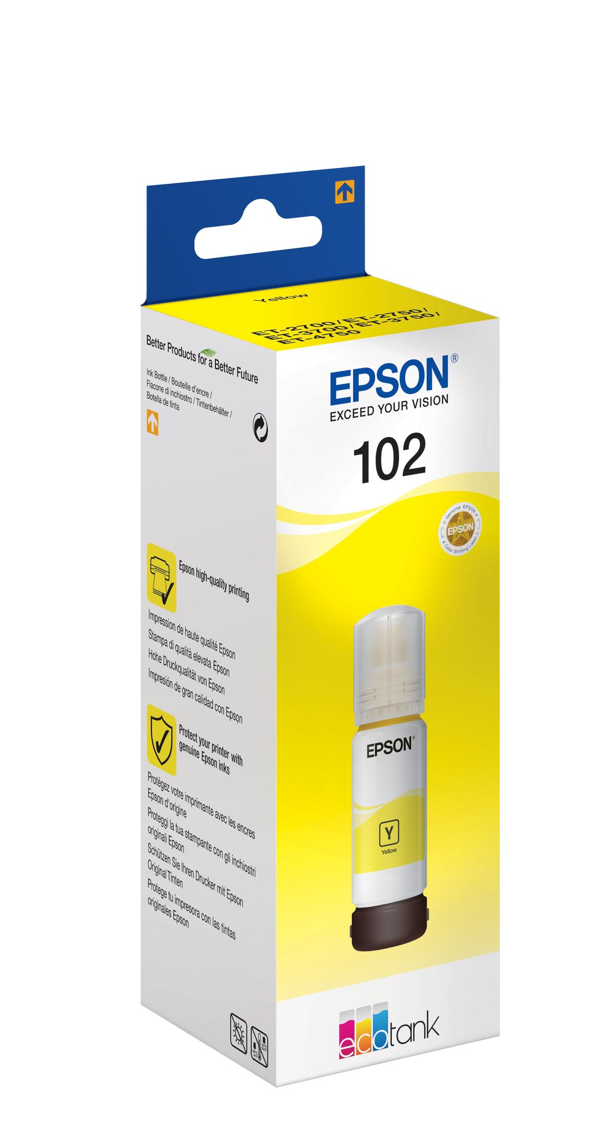 Flacone di inchiostro Epson 102, inchiostro giallo. La scatola ha il logo e il testo Epson, con un flacone di inchiostro giallo davanti.