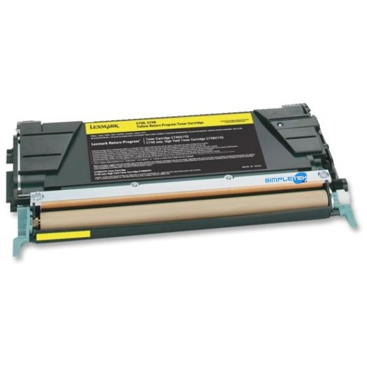 Viene visualizzata una cartuccia toner gialla Lexmark. È nera e gialla, con etichette di testo. La cartuccia è su sfondo bianco.