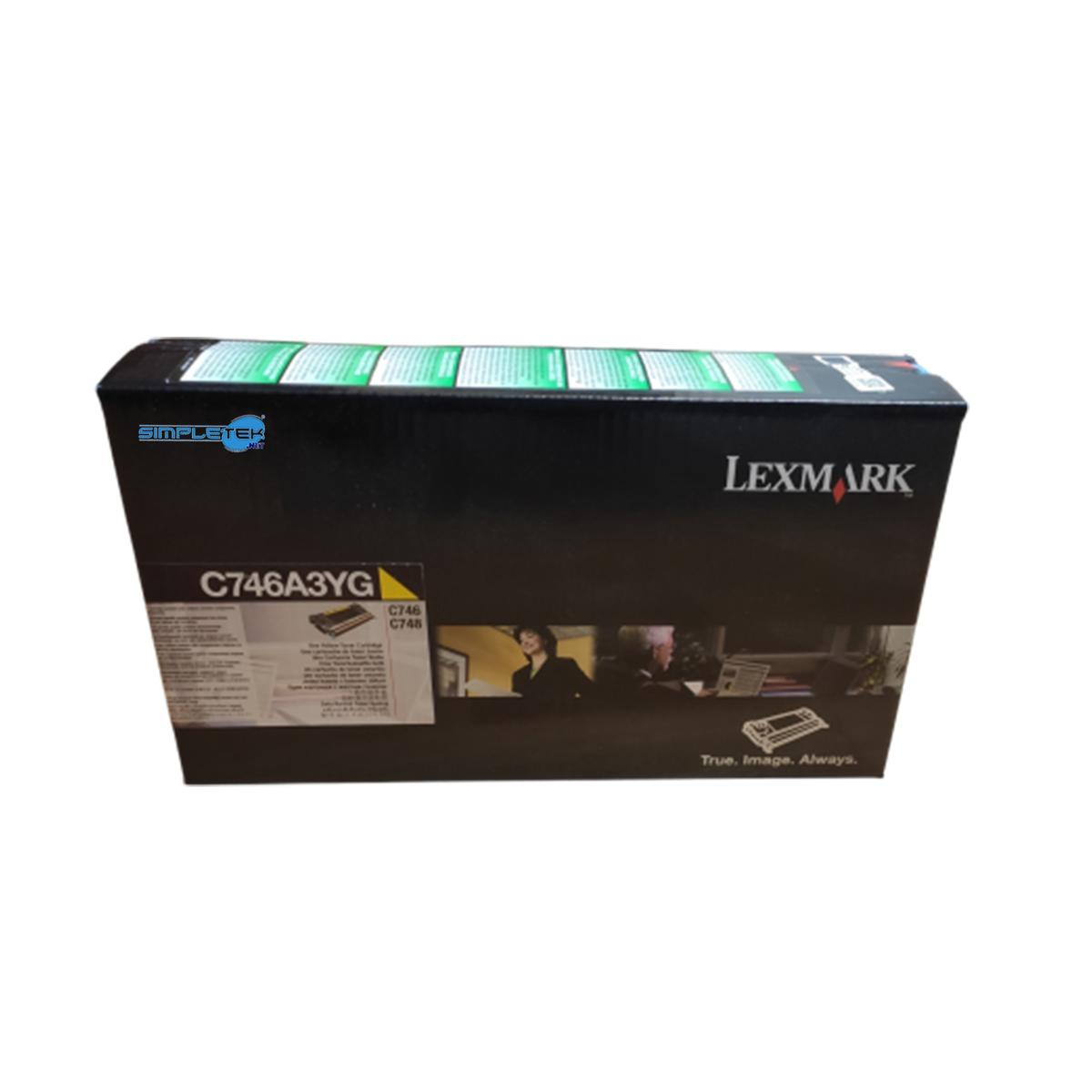 Una scatola di cartucce per stampanti Lexmark, nera con testo bianco. Ha il numero di modello C746A3YG. Il marchio e lo slogan sono visibili.