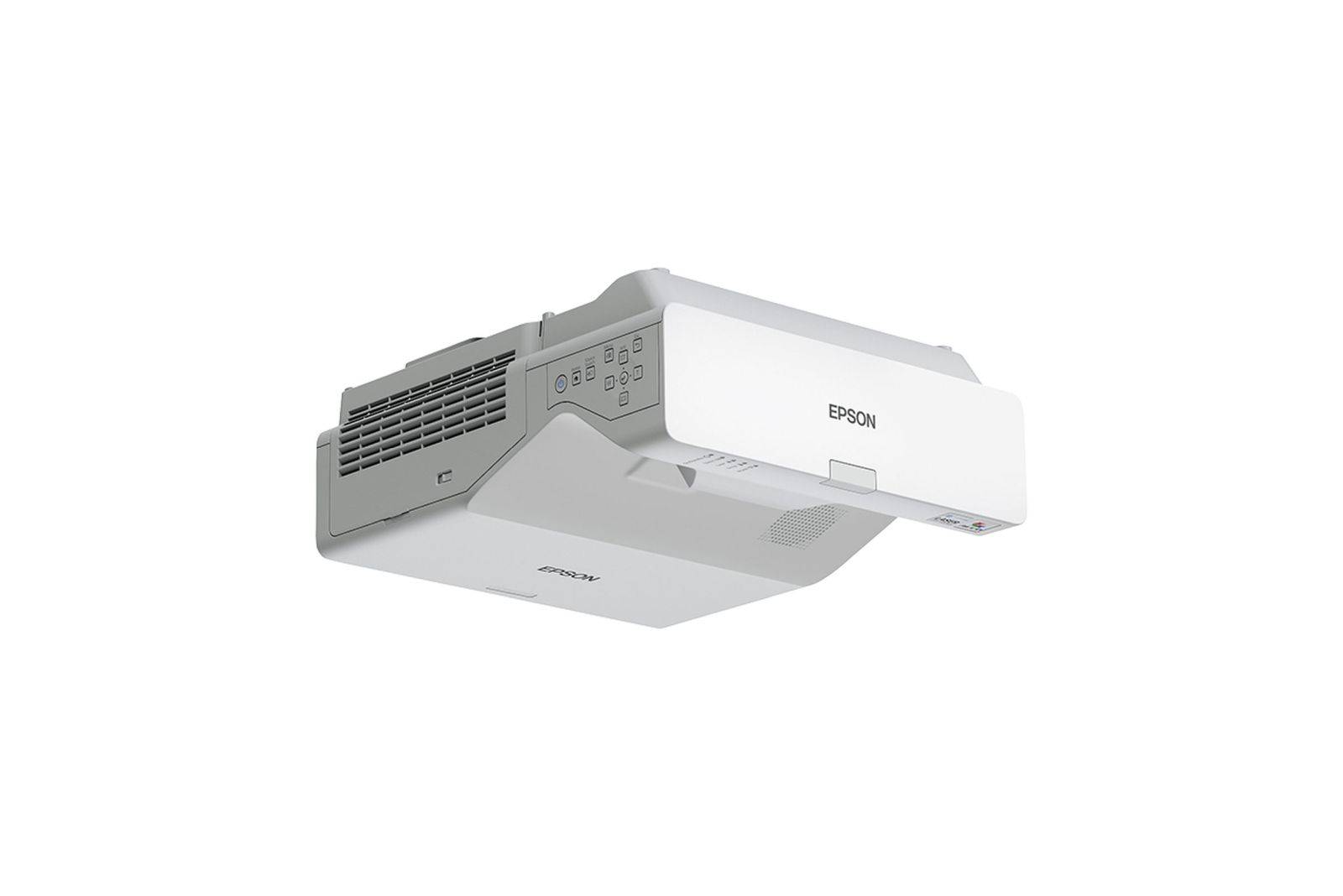 Un projecteur Epson blanc est suspendu d'en haut. La marque est visible. Il a des évents et une lentille en dessous.