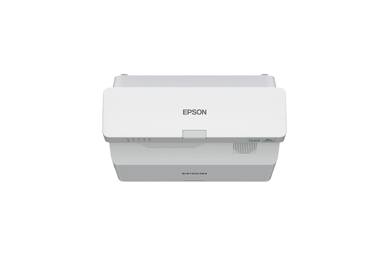 Un projecteur Epson blanc sur fond blanc. Le logo Epson est visible. Le projecteur est rectangulaire.