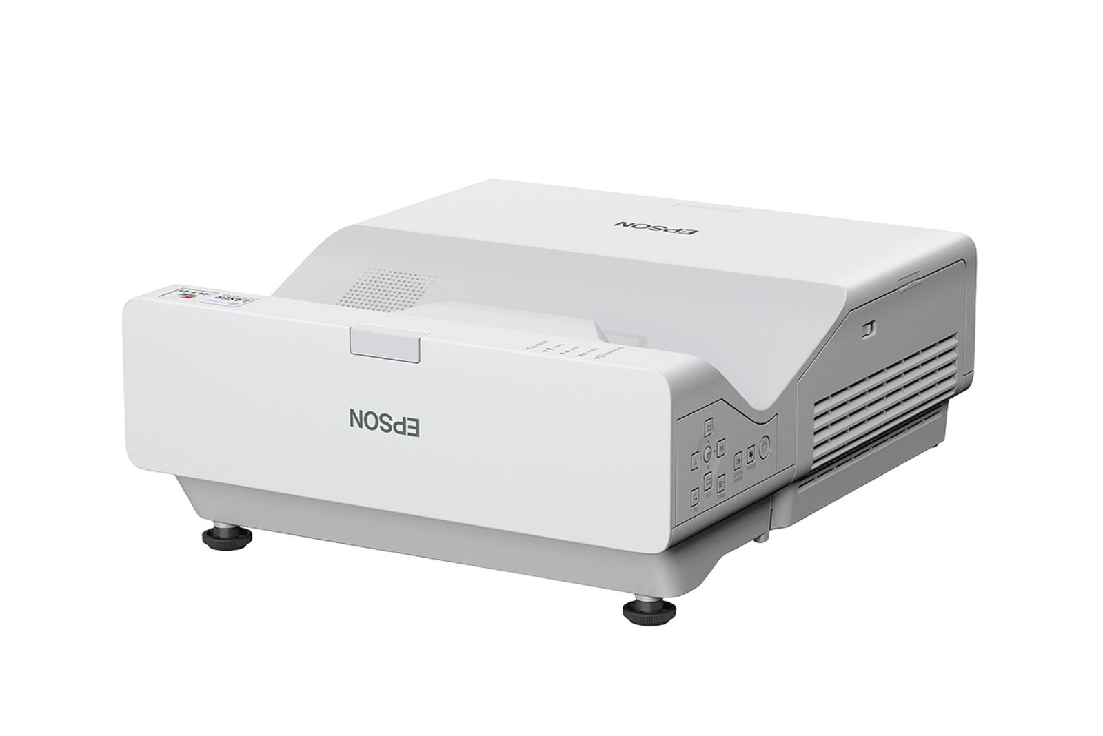 Un projecteur Epson blanc avec la marque visible. Il est posé sur une surface blanche, avec plusieurs boutons sur le côté.