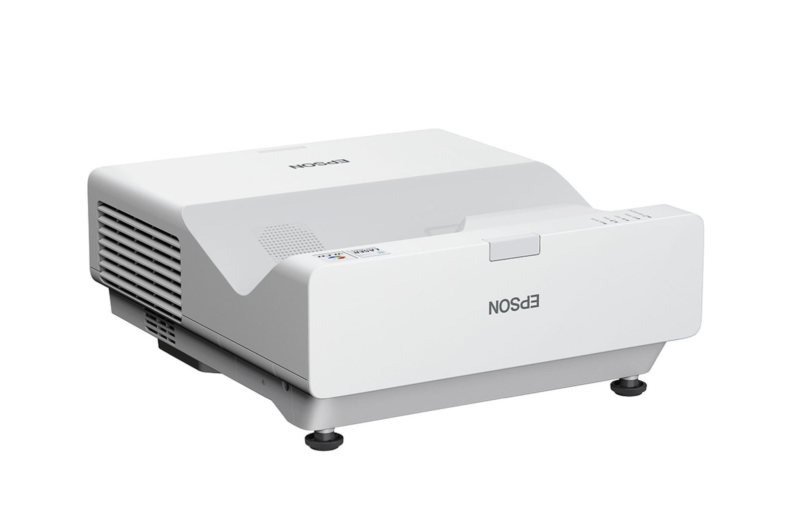 Un projecteur Epson blanc sur fond blanc. Le projecteur porte le logo Epson. Il possède des aérations et une lentille.