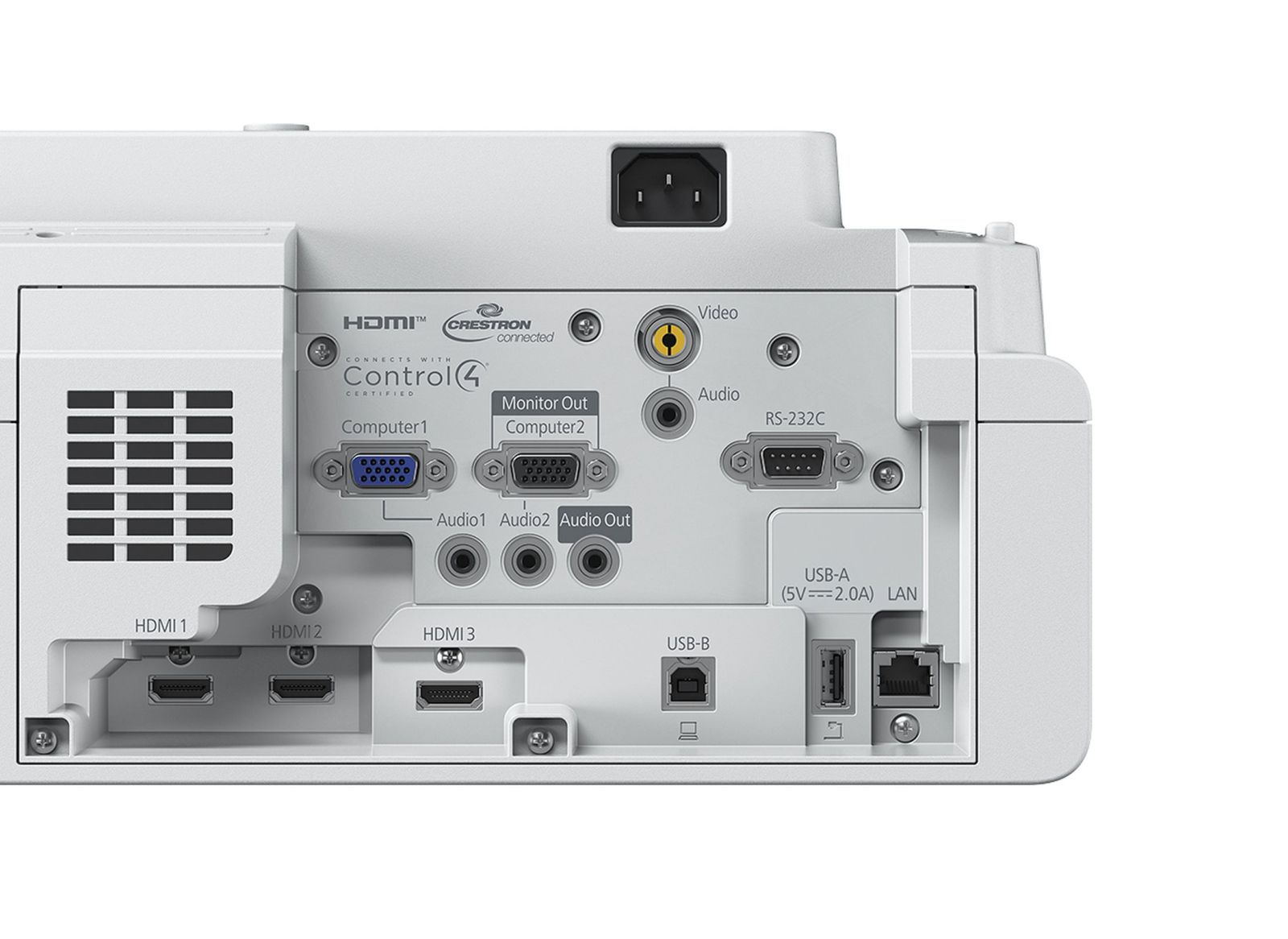 Panneau arrière d'un projecteur. Il comporte plusieurs ports, dont HDMI, USB, audio et connexions réseau. Fond blanc.