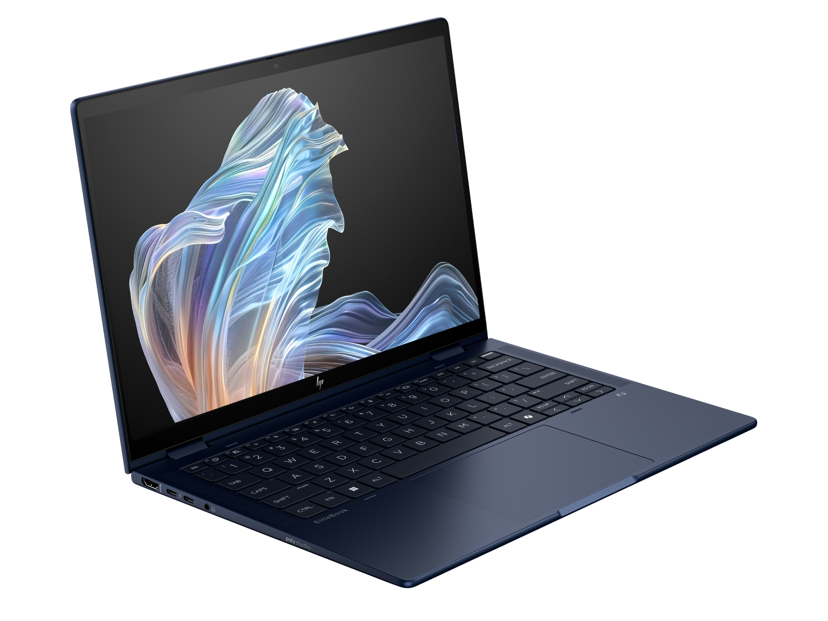 Un laptop HP EliteBook blu scuro è aperto, con un design astratto e colorato sullo schermo. Tastiera visibile. Sfondo bianco.