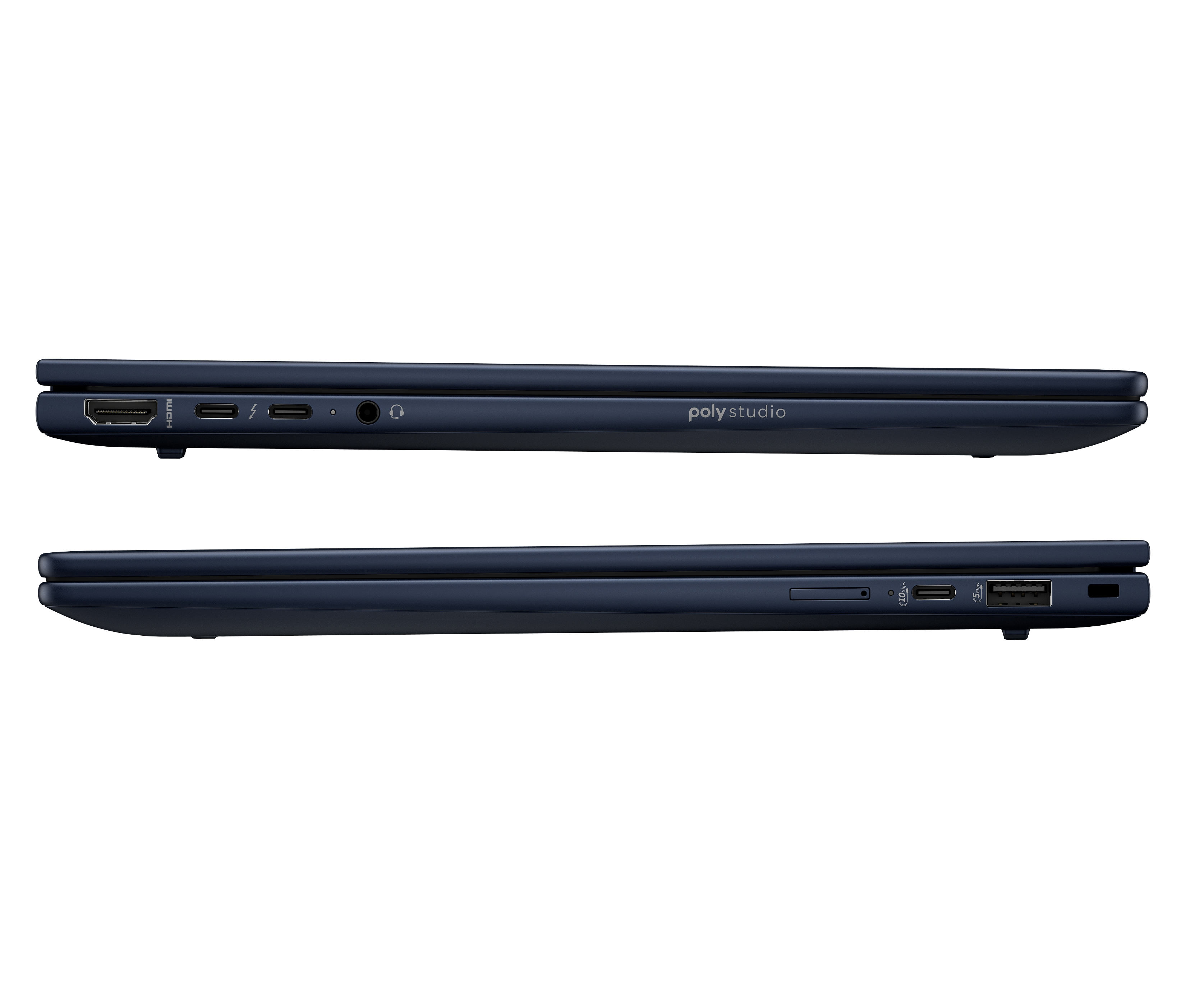 Due laptop blu scuro sono mostrati fianco a fianco. Varie porte e il logo Poly Studio sono visibili.