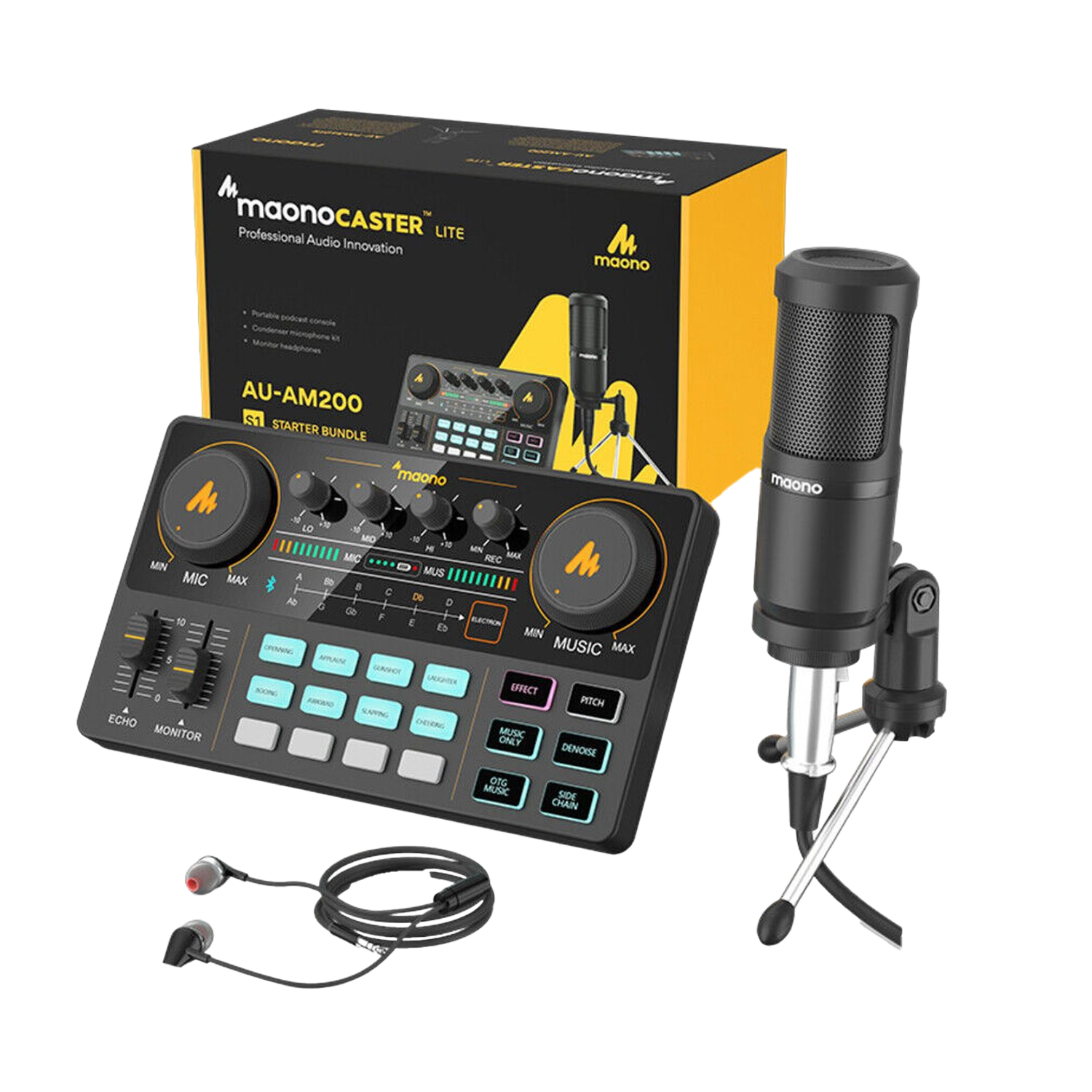 Een Maono audio-interface kit met een microfoon, koptelefoon en een mengpaneel, alles op een witte achtergrond.