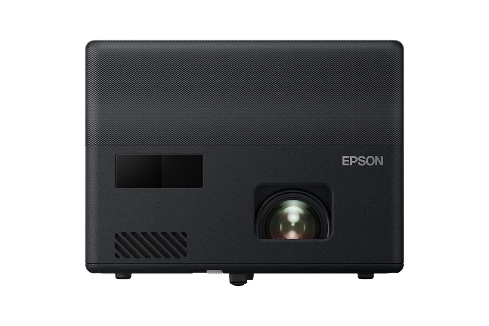 Ein schwarzer Epson-Projektor wird gezeigt. Er hat ein Objektiv, ein Display, eine Lüftung und das Epson-Logo auf der rechten Seite.