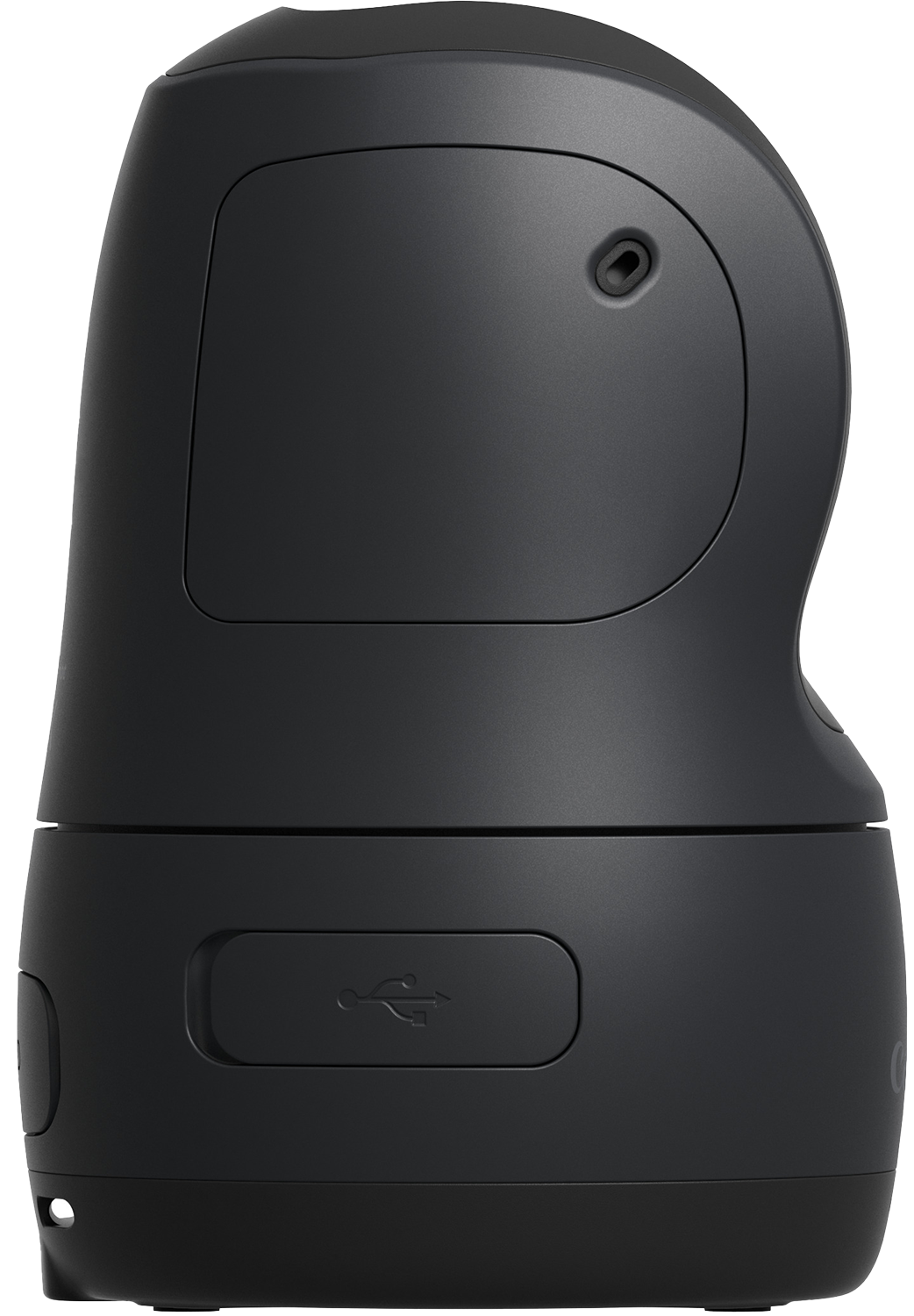 Nahaufnahme eines schwarzen Geräts mit USB-Anschluss. Es hat eine abgerundete Form, mit einem kleinen Loch und einem Knopf.