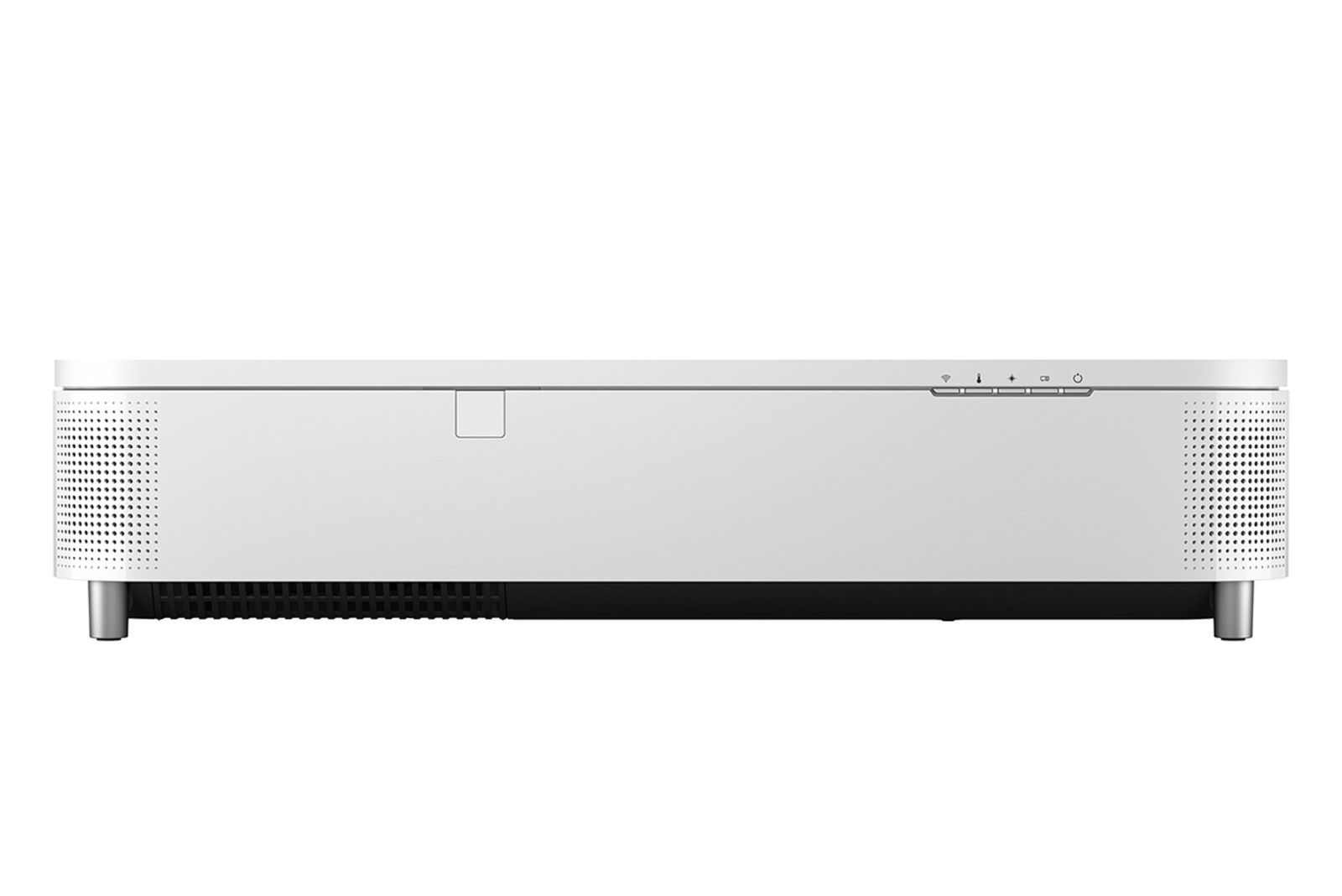 Białe prostokątne urządzenie z zaokrąglonymi rogami, perforowanymi bokami, panelem sterowania i krótkimi nóżkami na białym tle.