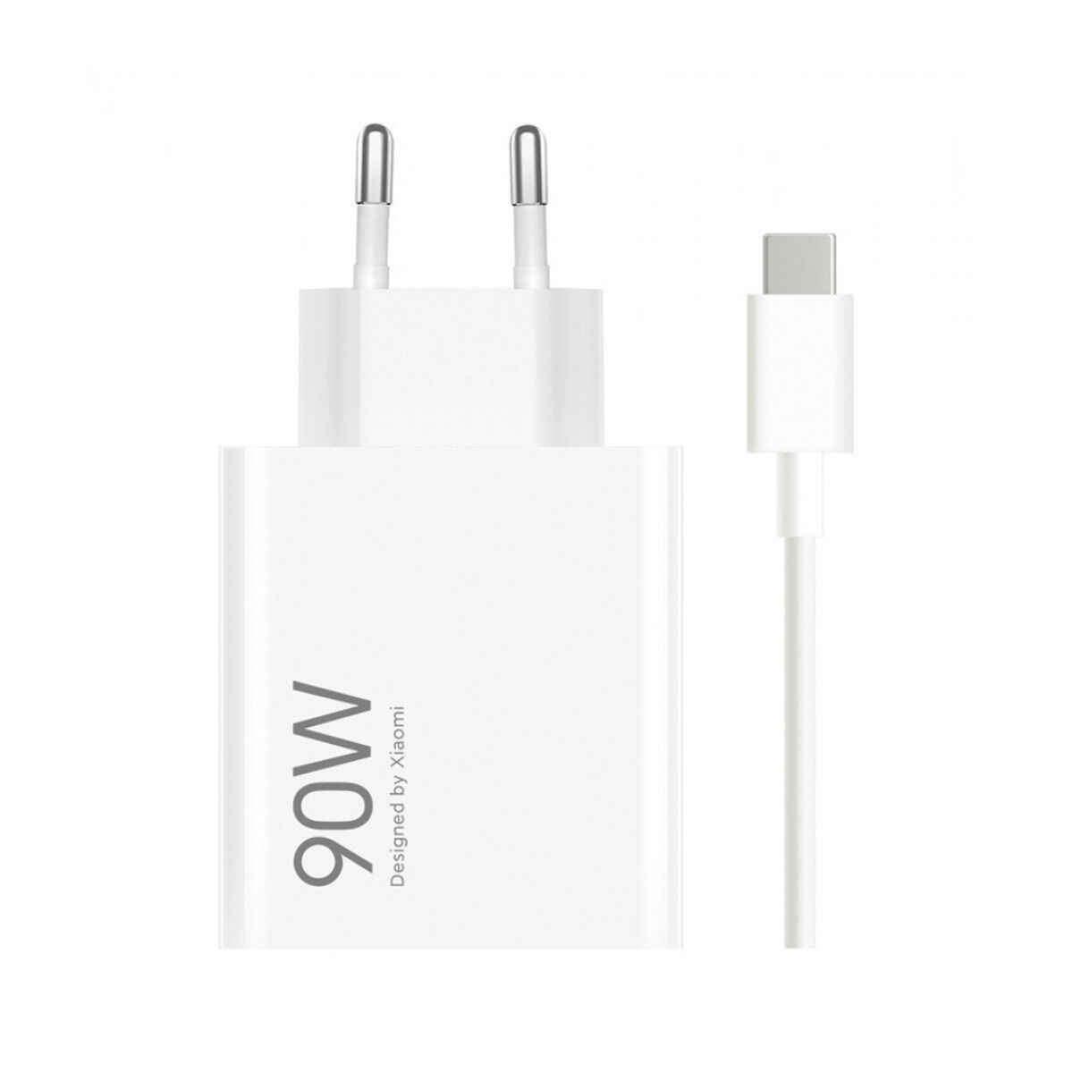 Biała ładowarka Xiaomi 90W z kablem USB-C. Ładowarka ma dwa bolce i napis '90W'.