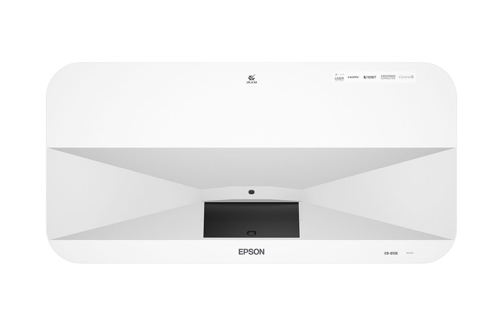 Biały projektor Epson. Ma czarny prostokątny otwór, z etykietami laserowymi i HDMI. Model to EB-810E.