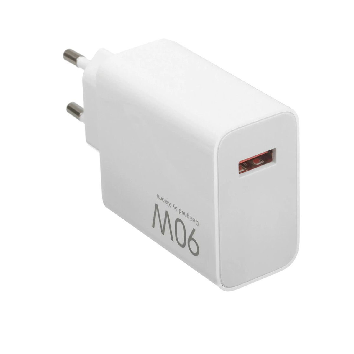 Biała ładowarka Xiaomi 90W. Ma wtyczkę UE, port USB-C i logo Xiaomi. Tło jest białe.