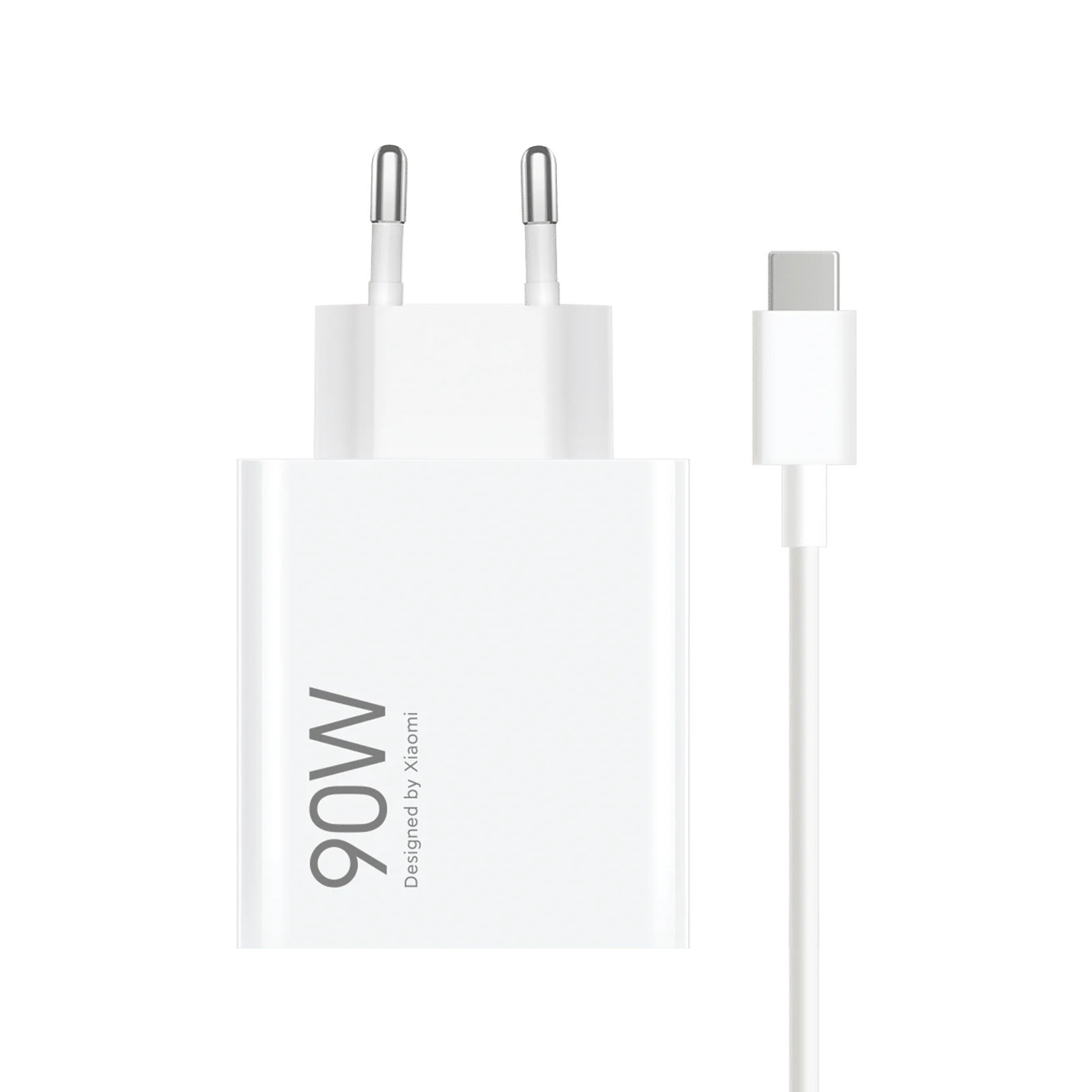 Biała ładowarka Xiaomi 90W z kablem USB-C. Ładowarka ma dwa bolce i napis "90W".