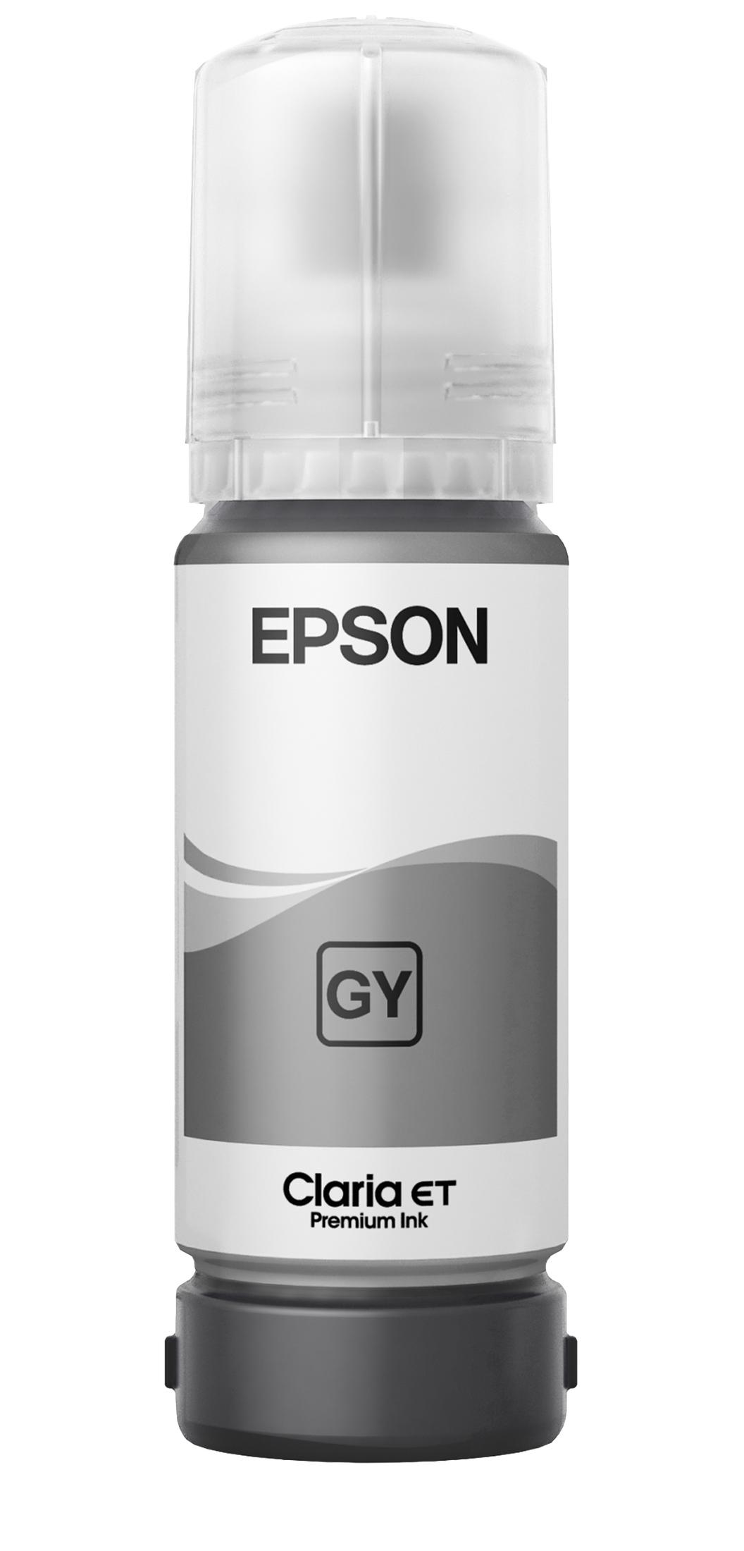 Butelka z tuszem Epson z przezroczystą nakrętką, z etykietą 'Epson' i 'Claria ET'. Butelka jest szara i biała.