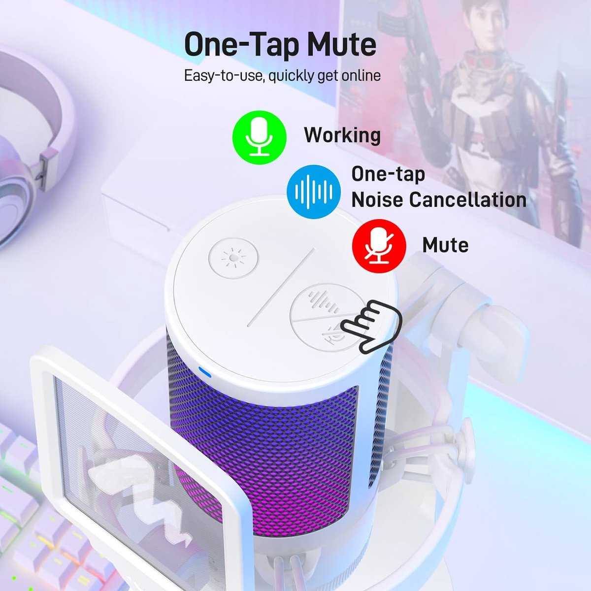 Een microfoon met mute- en ruisonderdrukkingsknoppen. Een handicoon wijst naar de mute-knop. Tekst: One-Tap Mute.