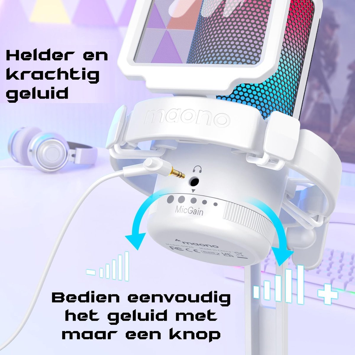 Een witte microfoon met kleurrijke lichten. Tekst zegt 'helder en krachtig geluid' en 'bedien eenvoudig het geluid met slechts één knop'.