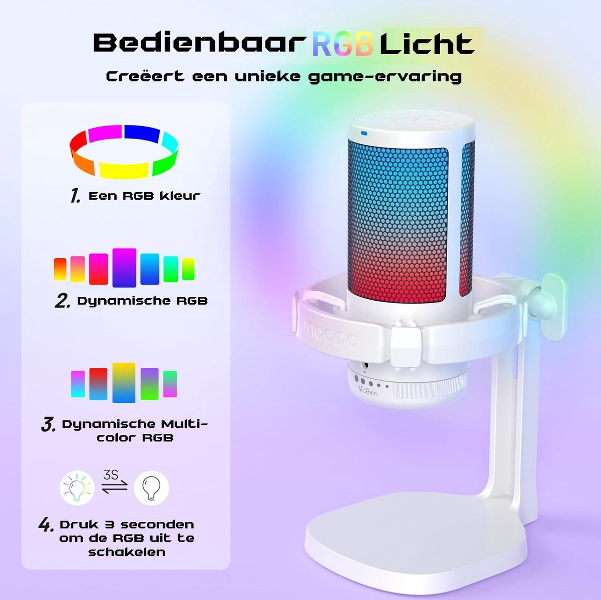 Een witte microfoon met RGB-verlichting staat op een standaard. Afbeeldingen tonen verschillende RGB-verlichtingsmodi en hoe uit te schakelen.