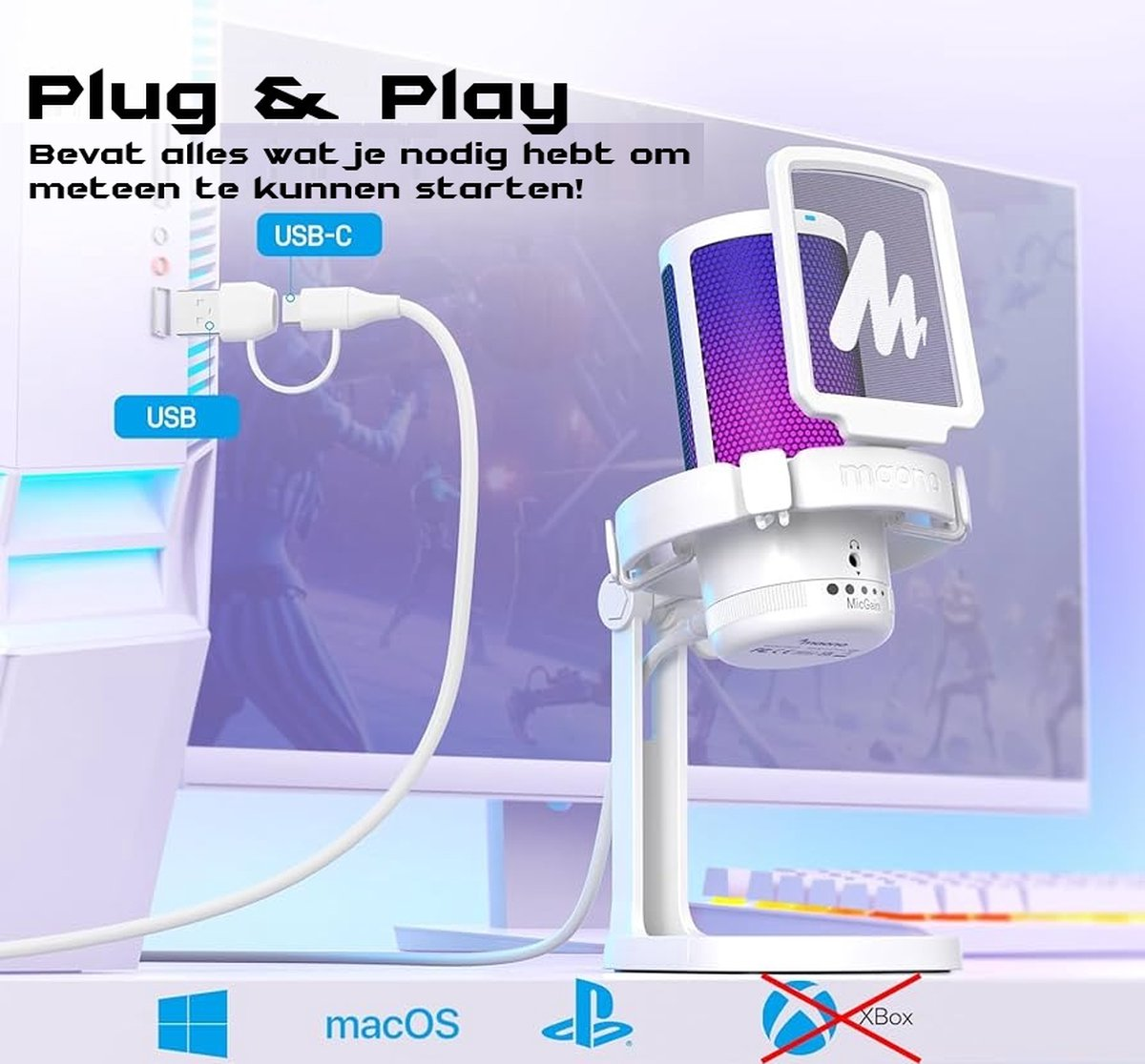 Een witte microfoon met paars gaas en een scherm, aangesloten op een USB-kabel. De achtergrond heeft een computerscherm en logo's.