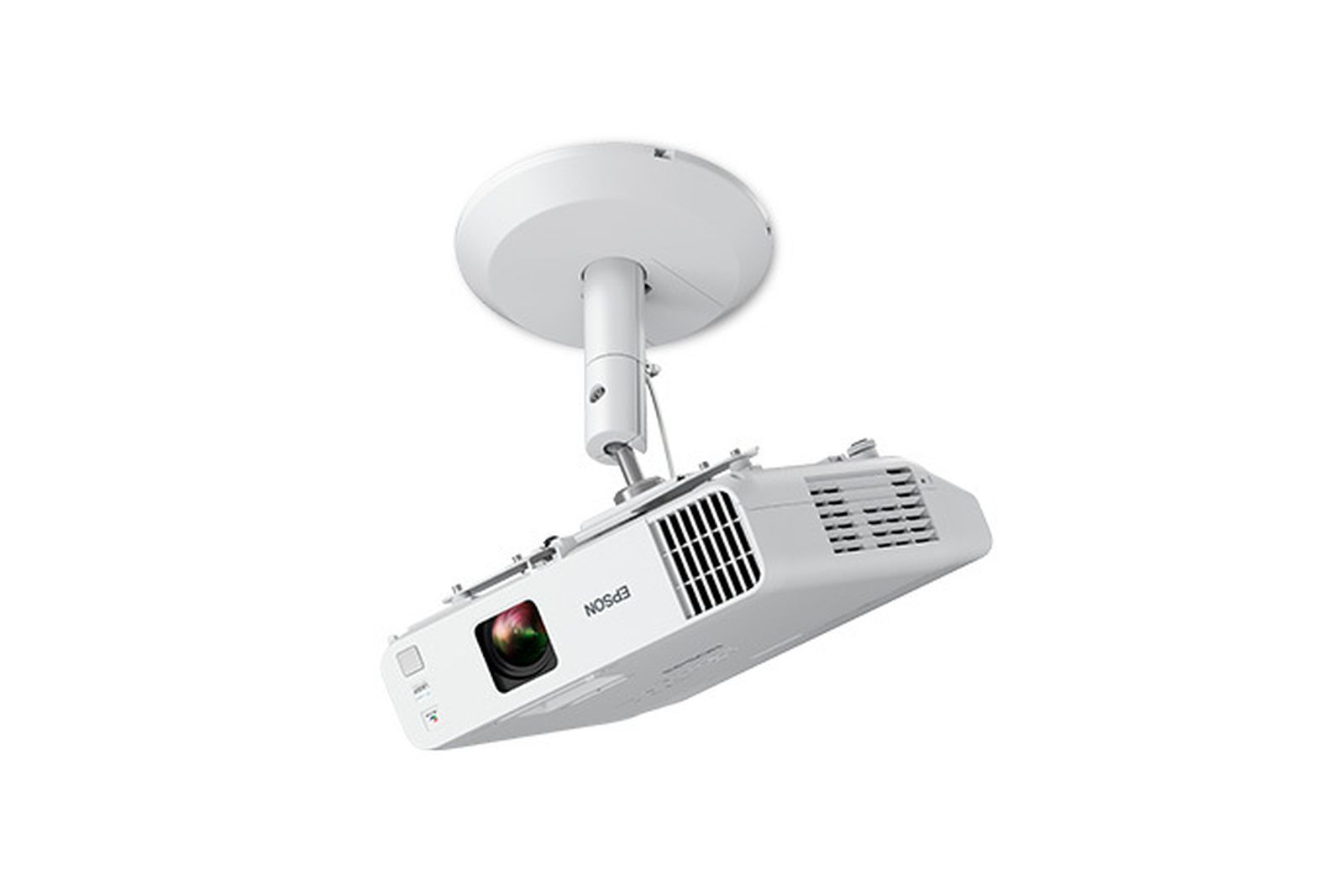 Biały projektor Epson jest zamontowany na suficie. Jest skierowany w dół. Tło jest czysto białe.