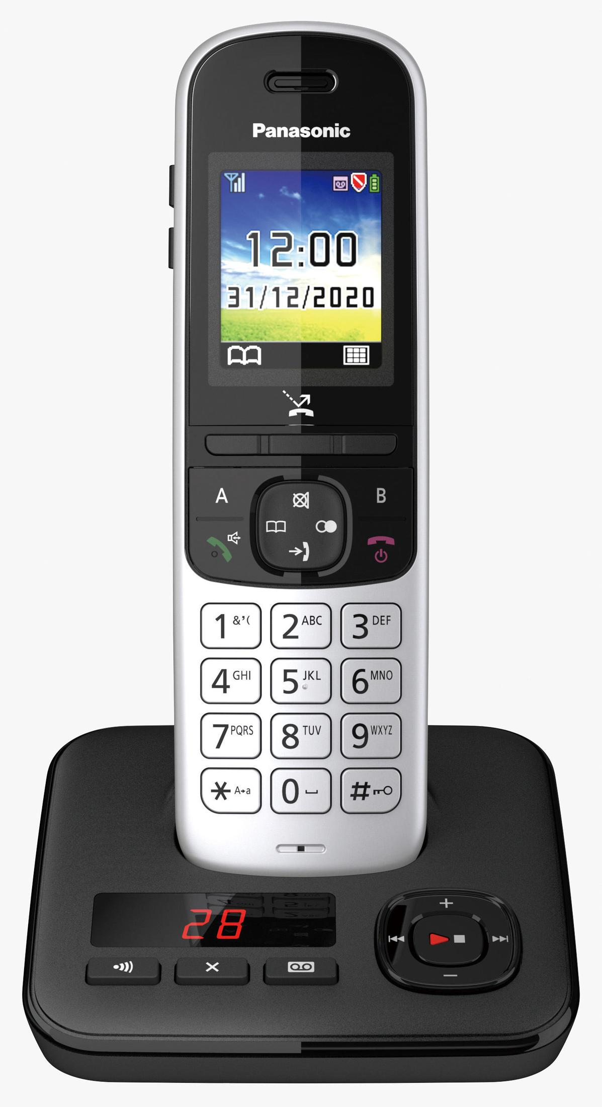 Un telefono cordless Panasonic con schermo che mostra 12:00, 31/12/2020. La base mostra '28'.