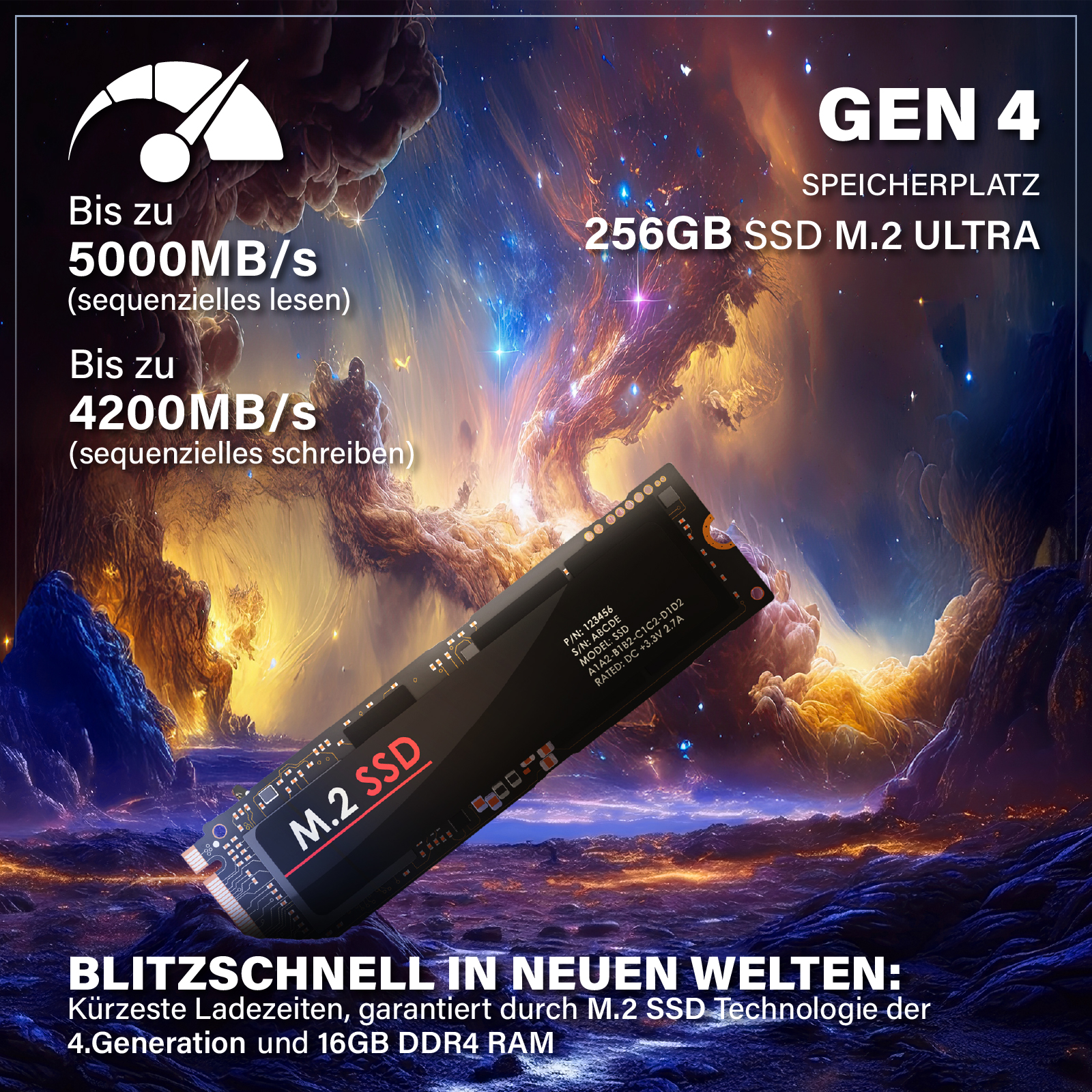 Obraz przedstawia dysk SSD M.2 z danymi technicznymi, wskaźnikami prędkości i tekstem o jego funkcjach, na kosmicznym tle.