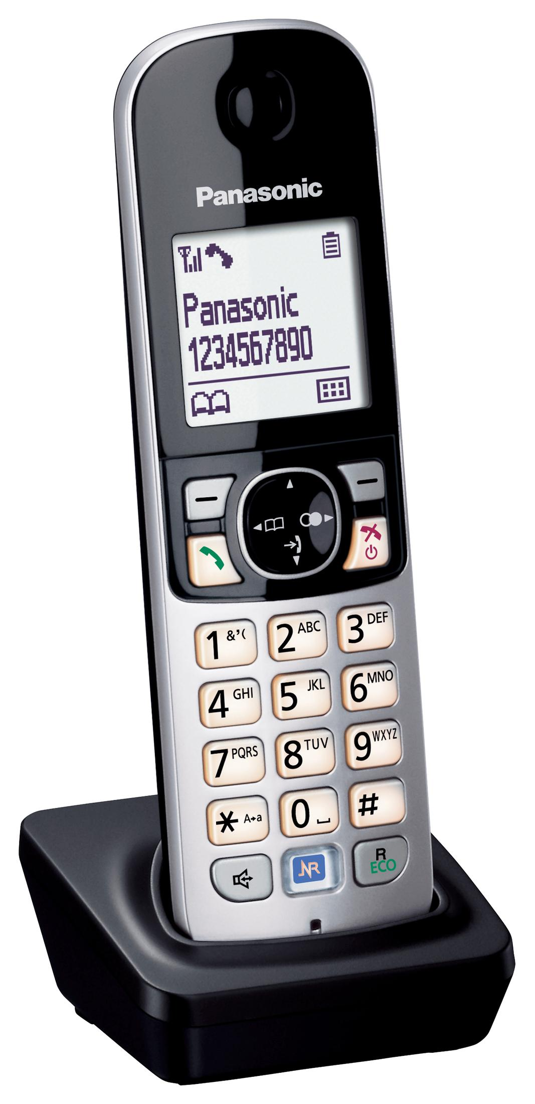 Un telefono cordless Panasonic, argento e nero, nella sua base di ricarica. Lo schermo mostra un numero di telefono. I pulsanti sono visibili.