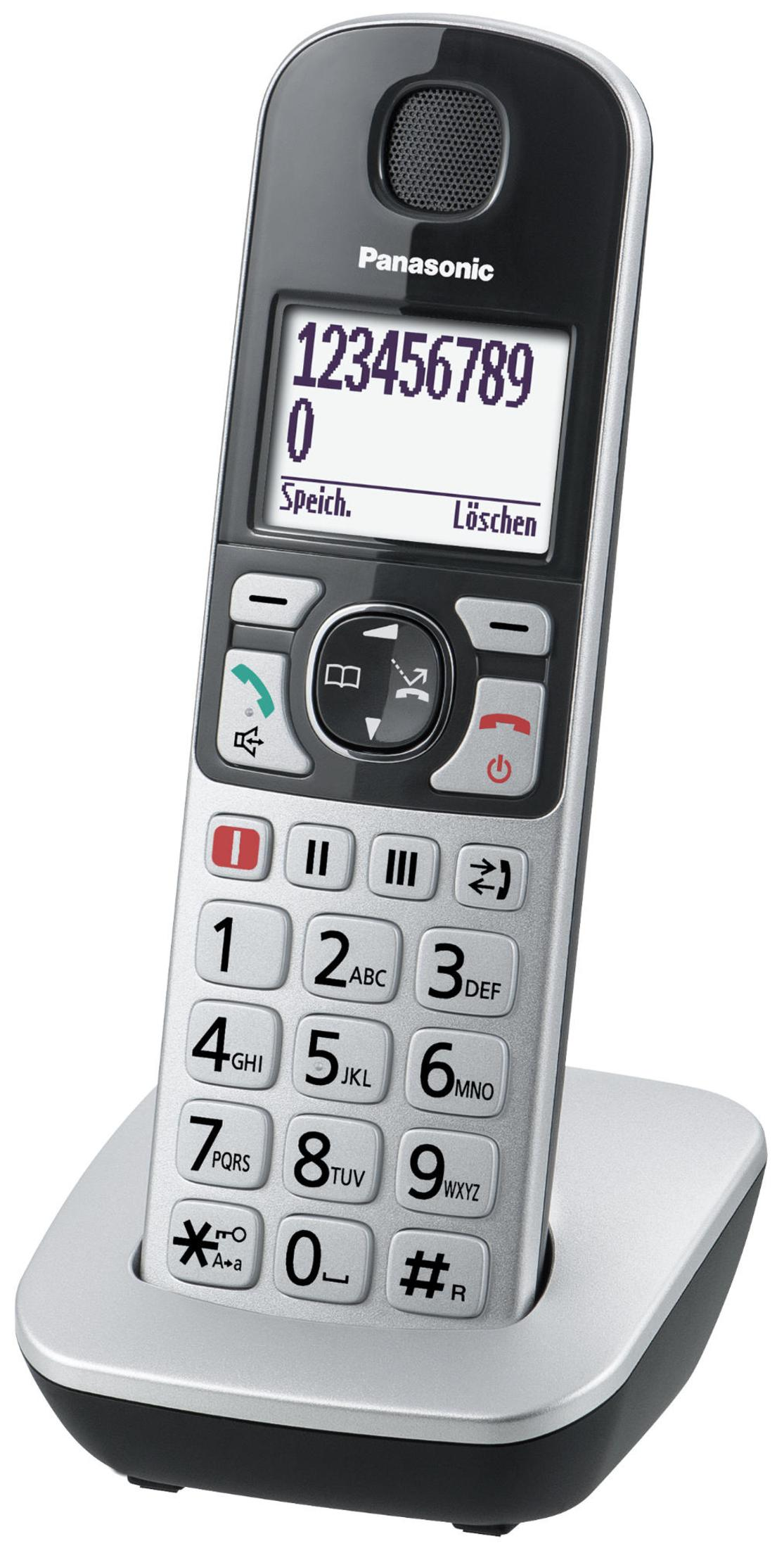 Un teléfono inalámbrico Panasonic, plateado y negro. Cuenta con una pantalla que muestra números y botones para marcar y funciones.