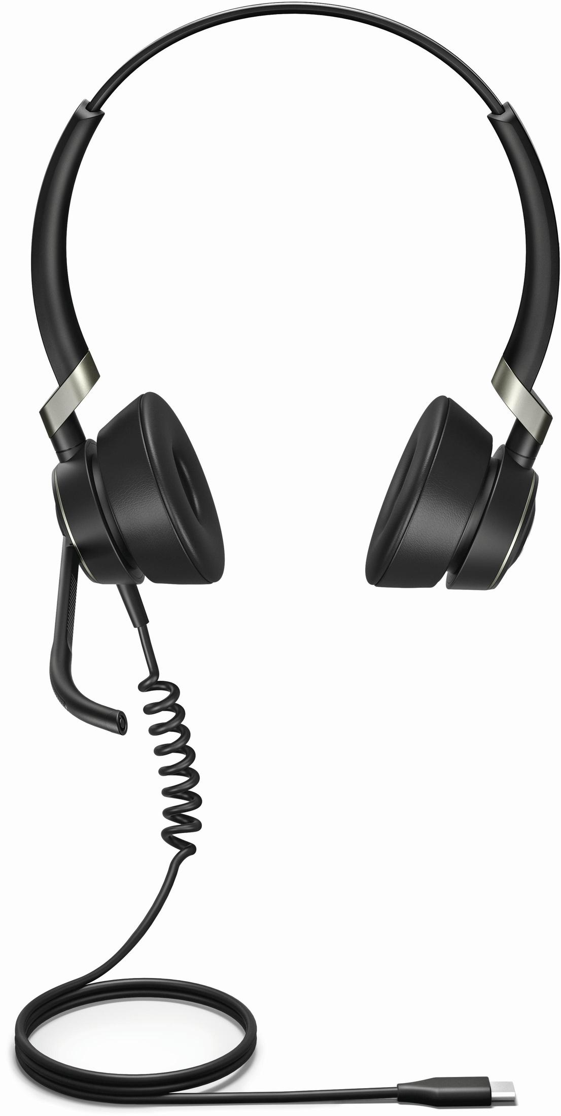 Czarne słuchawki z kablem spiralnym i złączem USB-C. Nowoczesny design, z metalicznymi akcentami i białym tłem.