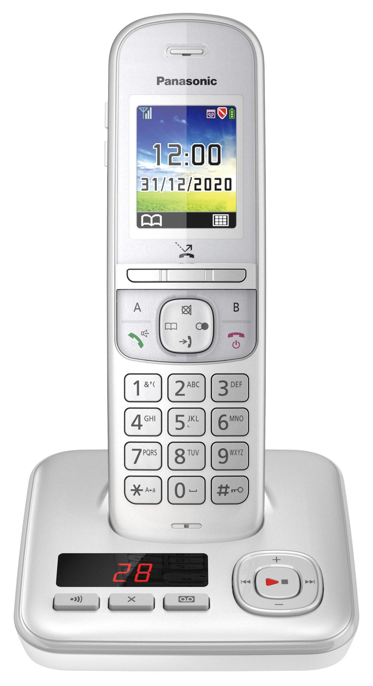 Weißes schnurloses Panasonic-Telefon auf weißer Basis, mit einem Bildschirm, der Uhrzeit und Datum anzeigt, und Zifferntasten.