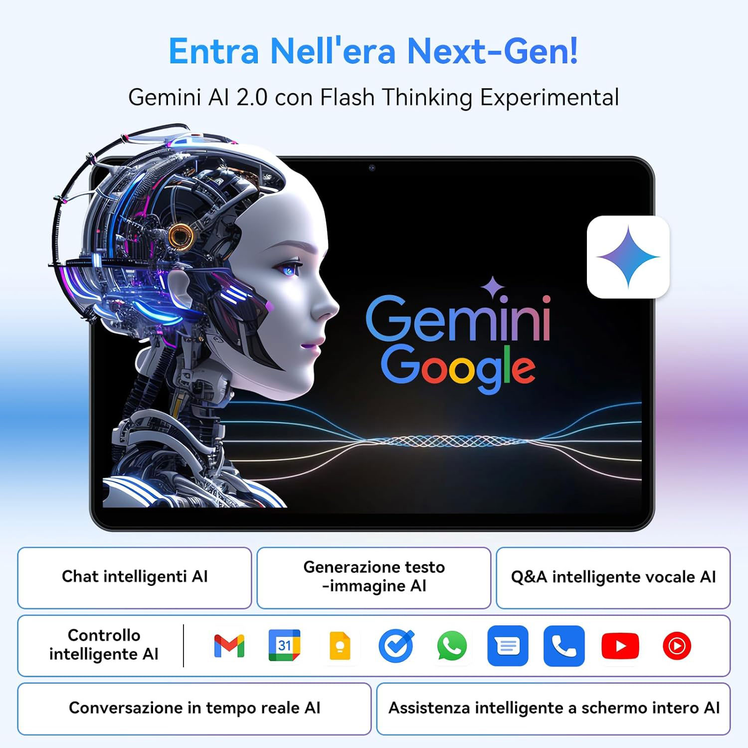 Una testa di cyborg AI accanto a un tablet con il logo Gemini Google. Il testo dice 'Entra nell'era Next-Gen!' e le funzionalità AI.