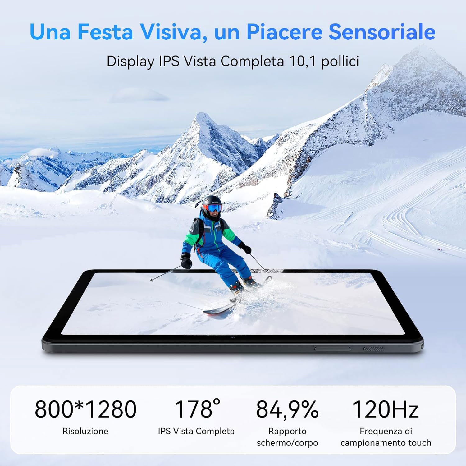 Un tablet mostra uno sciatore su una montagna innevata. Testo in alto e specifiche in basso. Lo sciatore è in azione.