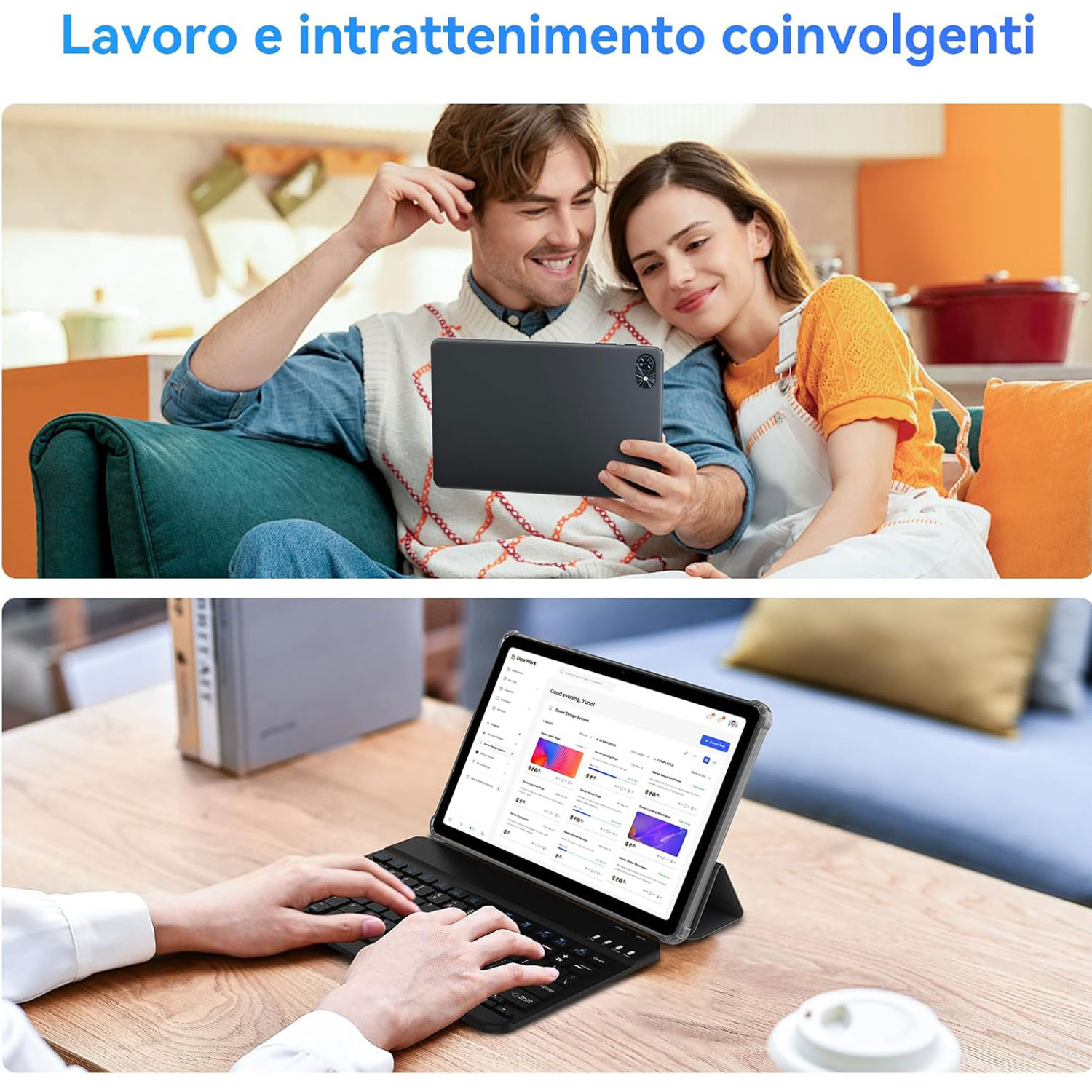 Una coppia usa un tablet. Uno lo tiene, l'altro si appoggia. Sotto, qualcuno scrive su una tastiera collegata a un tablet.