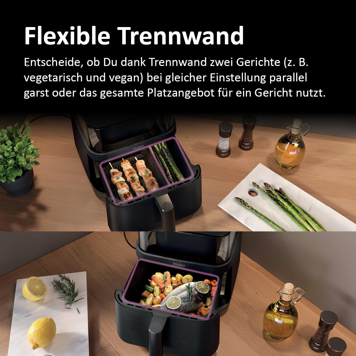 Ein Airfryer mit Essen, umgeben von Zutaten wie Spargel, Zitronen und Öl, auf einer Holzoberfläche.
