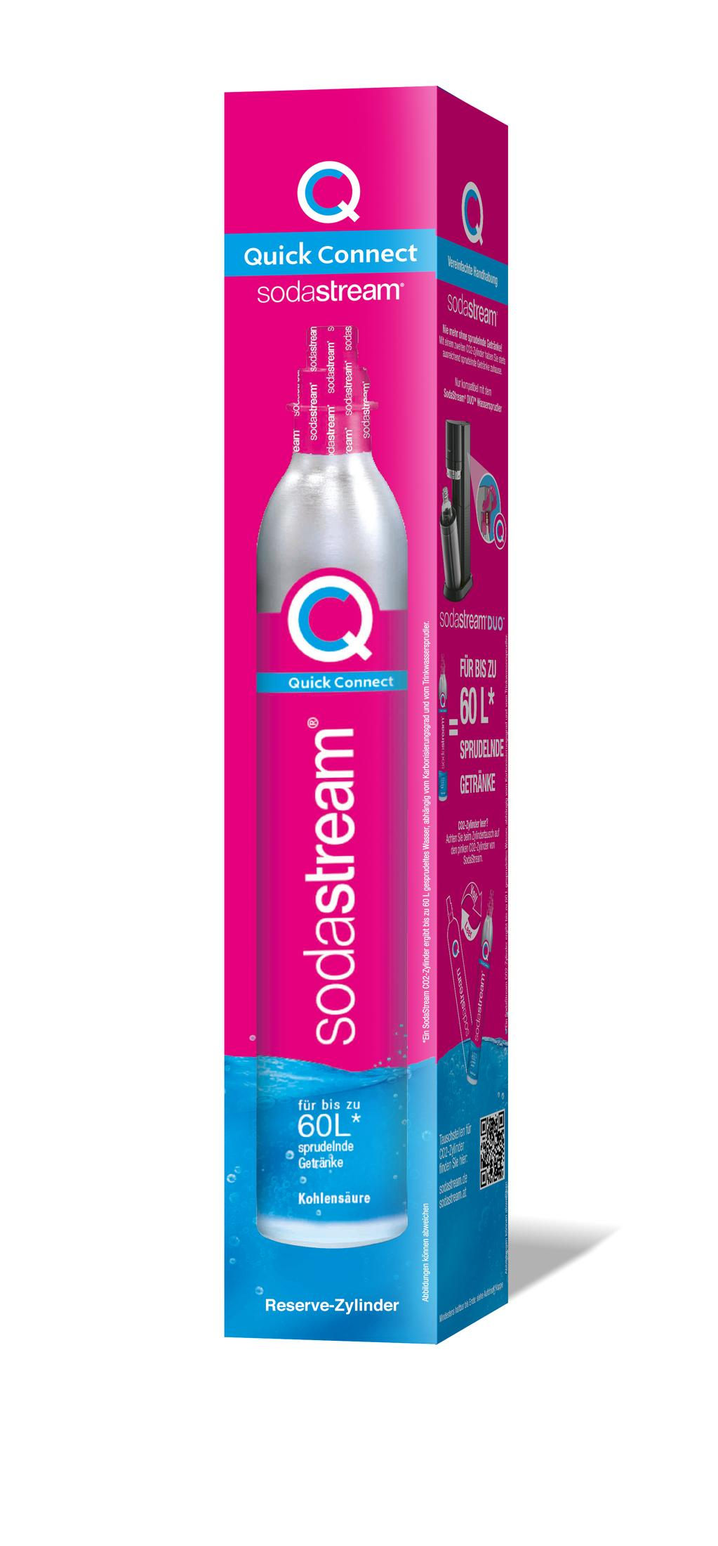 Una scatola SodaStream rosa e bianca mostra un produttore di soda e testo su Quick Connect e bevande gassate.