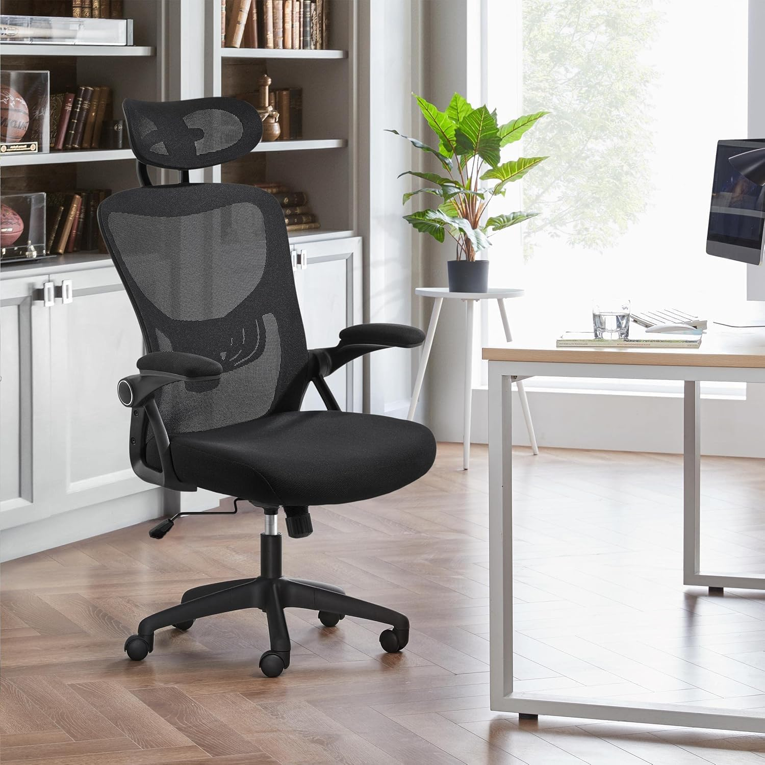 Una silla de oficina de malla negra. Un escritorio a la derecha, con una computadora. Una planta cerca de la ventana. Estanterías detrás.