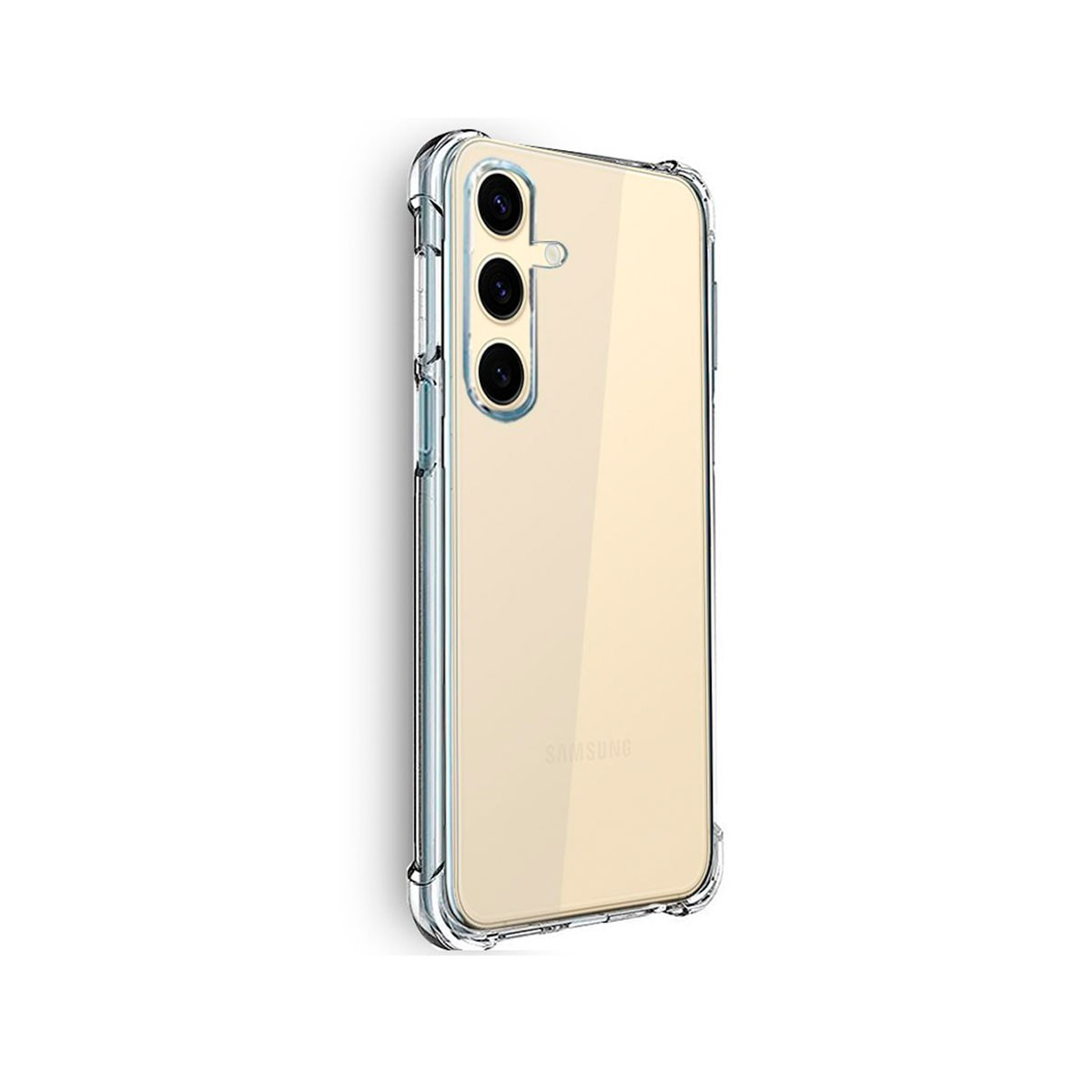 Una custodia trasparente per telefono, con una fotocamera a tre lenti. Il telefono è di colore oro chiaro, con la parola SAMSUNG.
