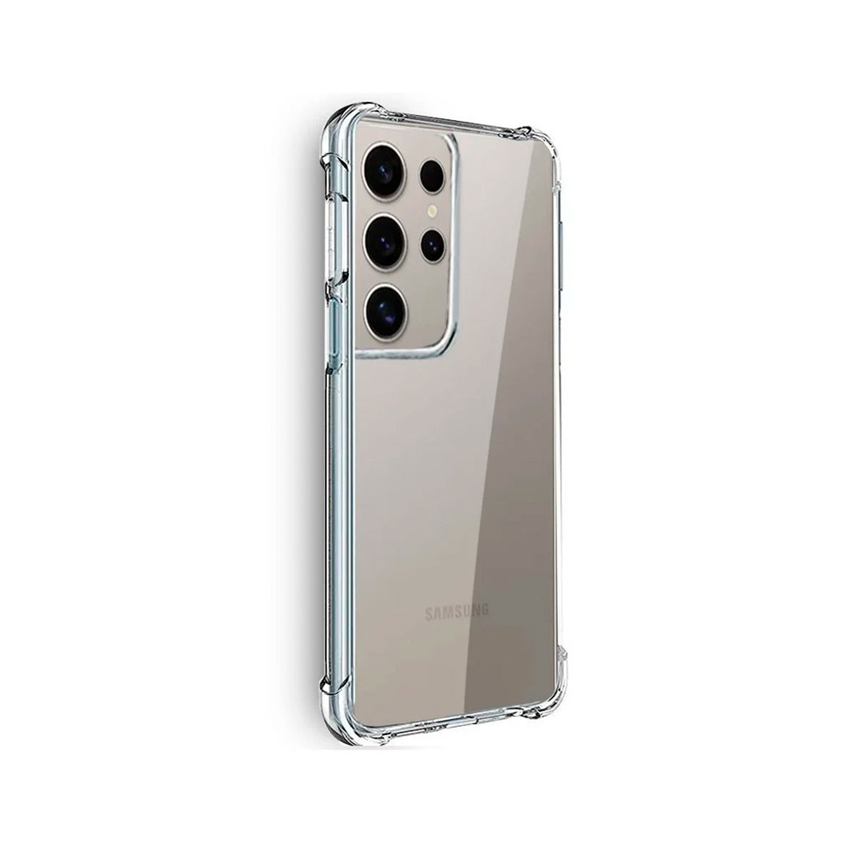 Una custodia trasparente protegge un telefono Samsung. Il telefono ha più obiettivi. Lo sfondo è bianco.