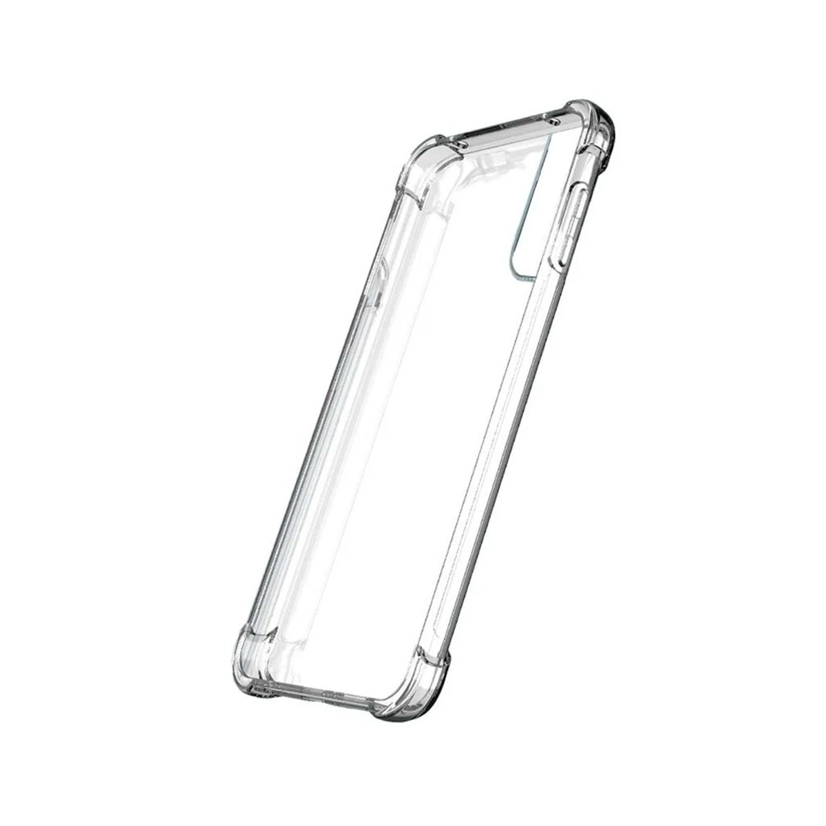 Una custodia trasparente per telefono, angolata diagonalmente su sfondo bianco. Sembra essere in plastica dura.