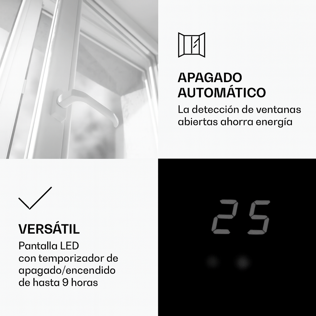 La imagen muestra una ventana blanca, texto sobre apagado automático y una pantalla digital con '25'.