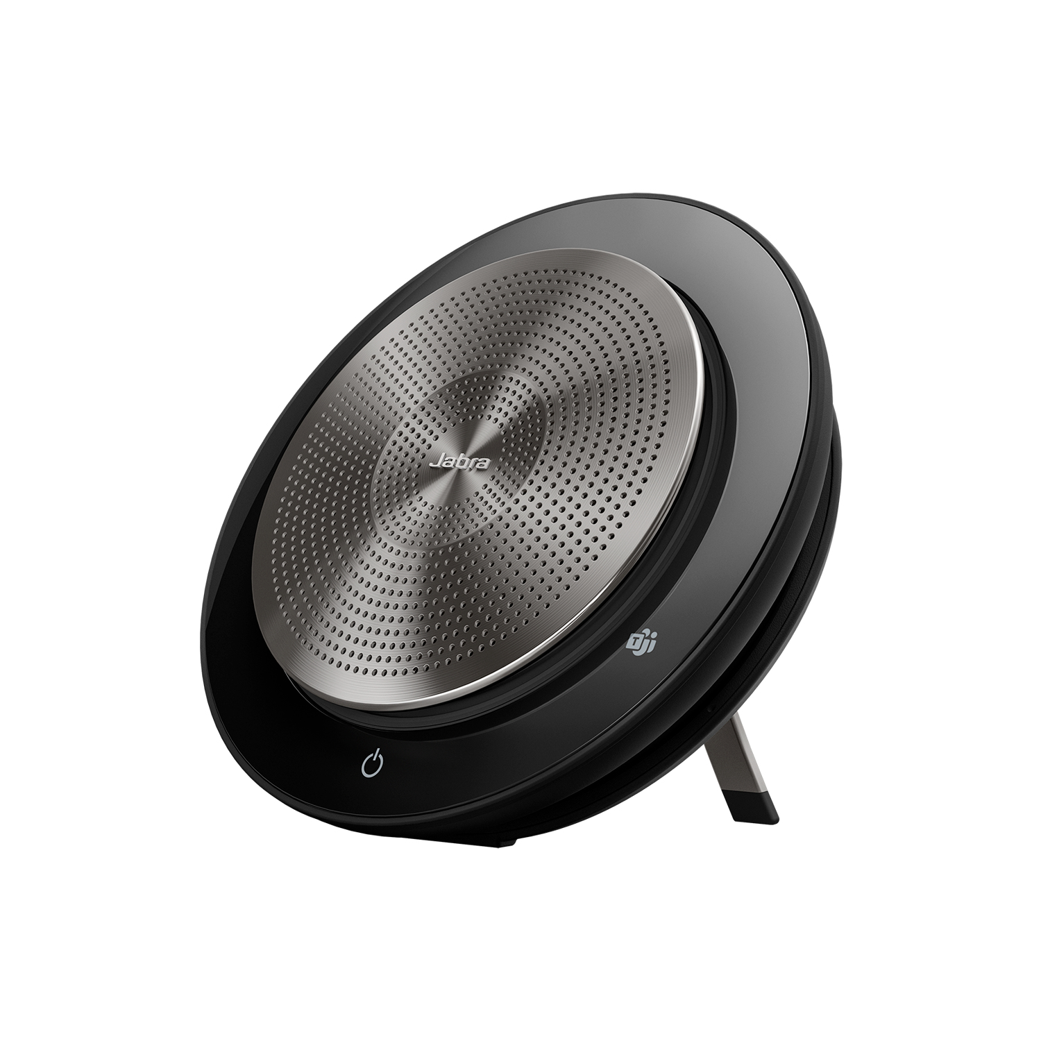 Un vivavoce Jabra nero e argento. Ha un design circolare con un altoparlante perforato e un pulsante di accensione.