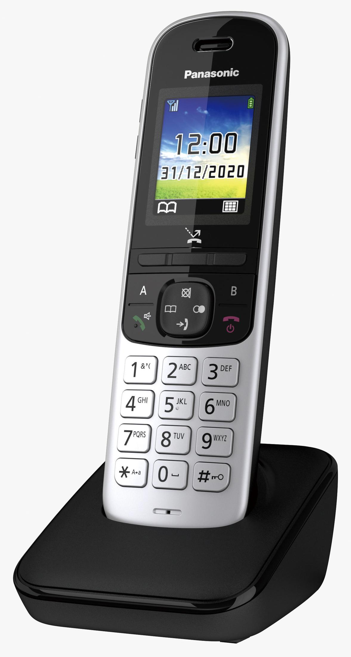 Un telefono cordless Panasonic, nero e argento, con un display che mostra l'ora e la data. È su una base di ricarica nera.