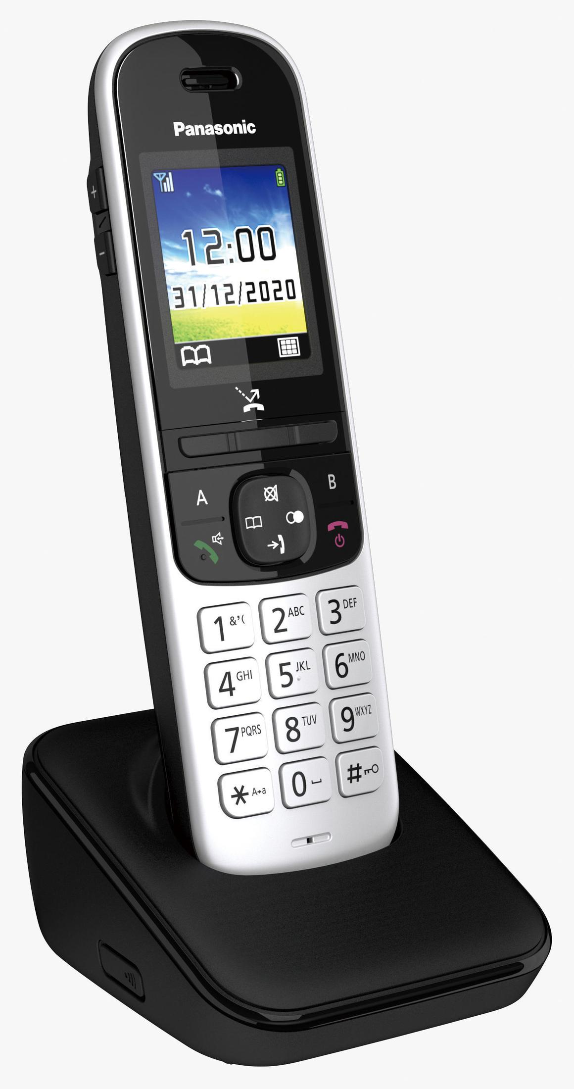 Un telefono cordless dal design nero e argento. Lo schermo mostra l'ora e la data. Poggia su una base di ricarica nera.