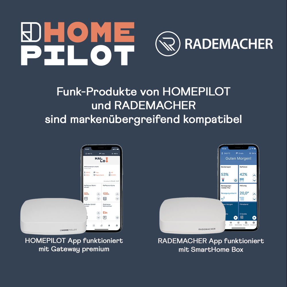 Das Bild zeigt Logos von HOME PILOT und RADEMACHER mit Smart-Home-Produkten. Zwei Telefone und weiße Boxen sind sichtbar.